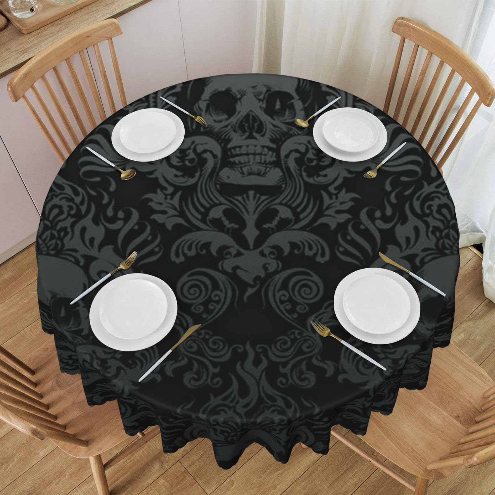 DCEHGEW 60 In Round Tablecloth with Lace, Gothic wallpaper skull Printed Oilproof & Washable Fabric Picnic Table Cloth Table Covers
