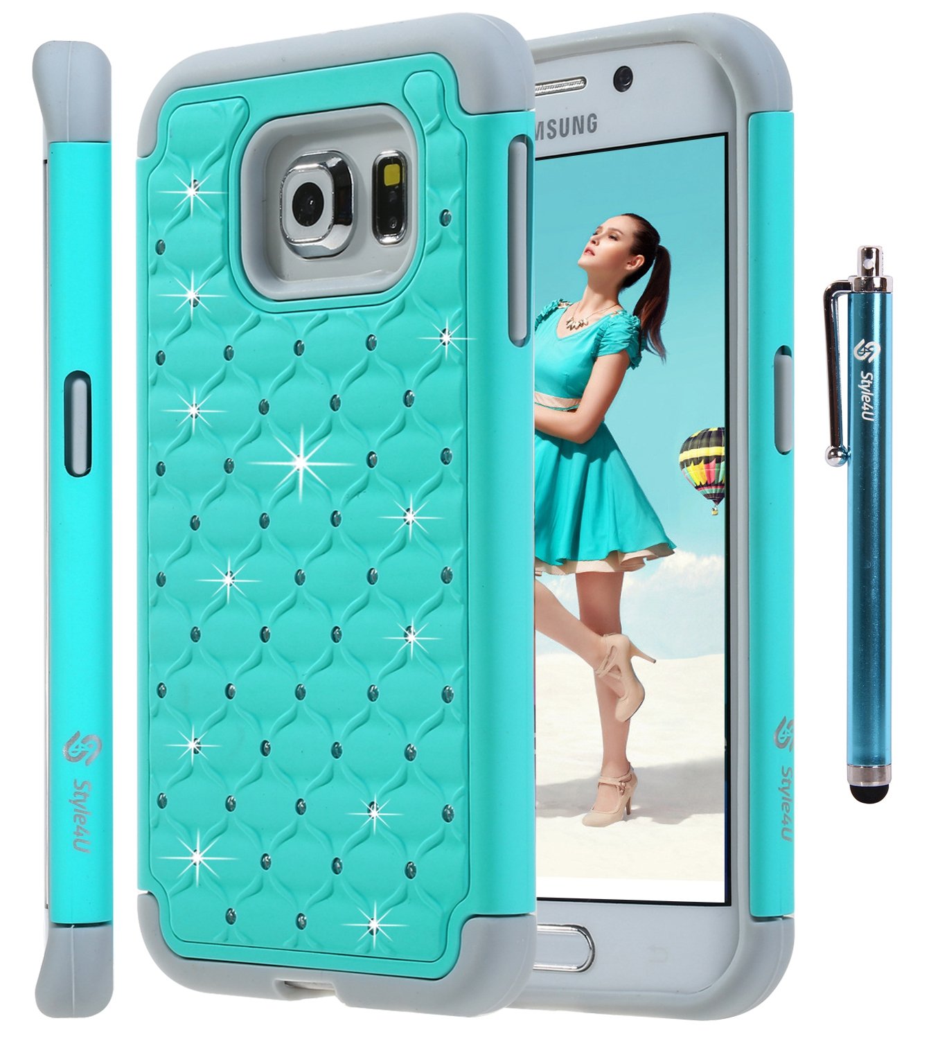 S6 Edge Case, Galaxy S6 Edge Case, Style4U Galaxy S6 Edge Studded Rhinestone Crystal Bling Hybrid Armor Case Cover for Samsung Galaxy S6 Edge with 1 Style4U Stylus [Mint Green/Grey]