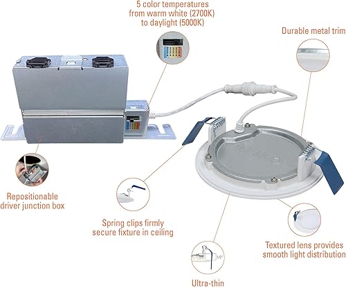 Miniatura 3 de HALO Luz LED empotrable de disco de techo y ducha de 4 pulgadas, luz descendente ultrafina sin lata, 5CCT seleccionable, color blanco, paquete de 6