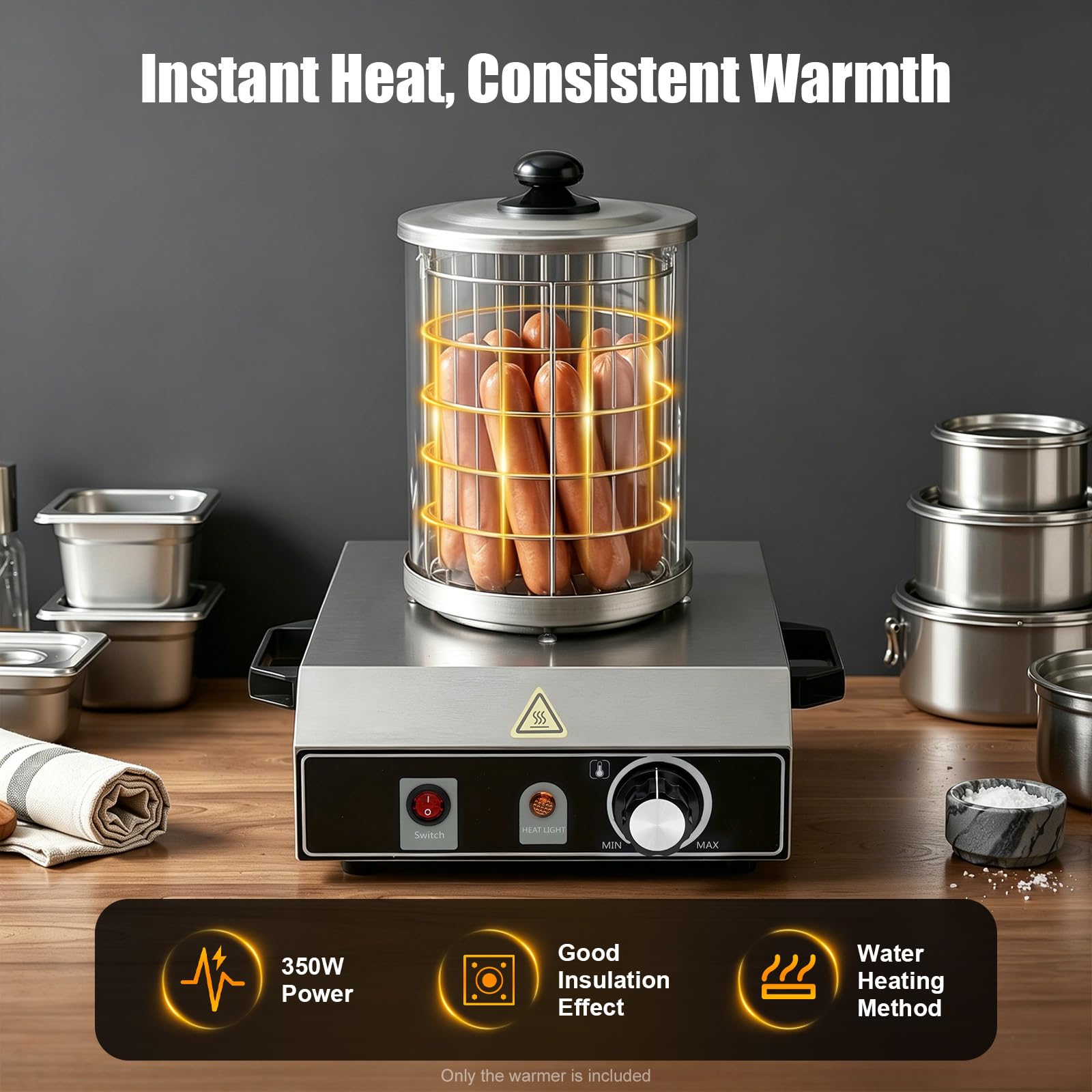Edelstahl Bockwurstwärmer 350W, Würstchenwärmer Hot Dog Gerät Profi Würstchenkocher 86-185℉ Einstellbarer Temperatur Hot Dog Maker für Bäckereien