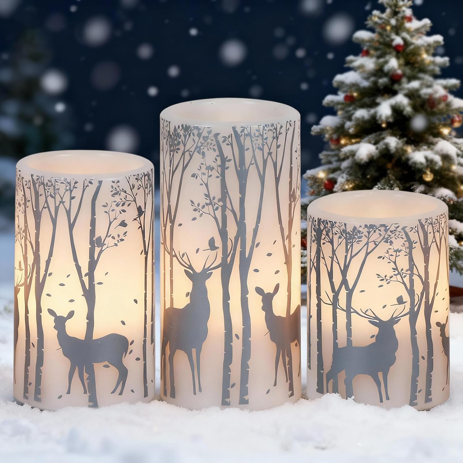 Birch Silver Reindeer Christmas Candles with 6H Timer, Real Wax LED Candle Flameless Flickering, Battery Operated Candles Pillar for Home Décor Christmas Decorations Gifts, 3x4/5/6 inches
