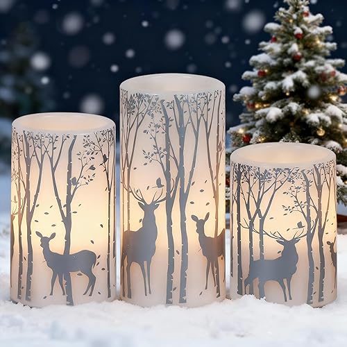 Velas de Navidad de Reno Plateado de Abedul con Temporizador de 6H, Vela LED de Cera Real Sin Llama Parpadeante, Velas Operadas por Batería Tipo