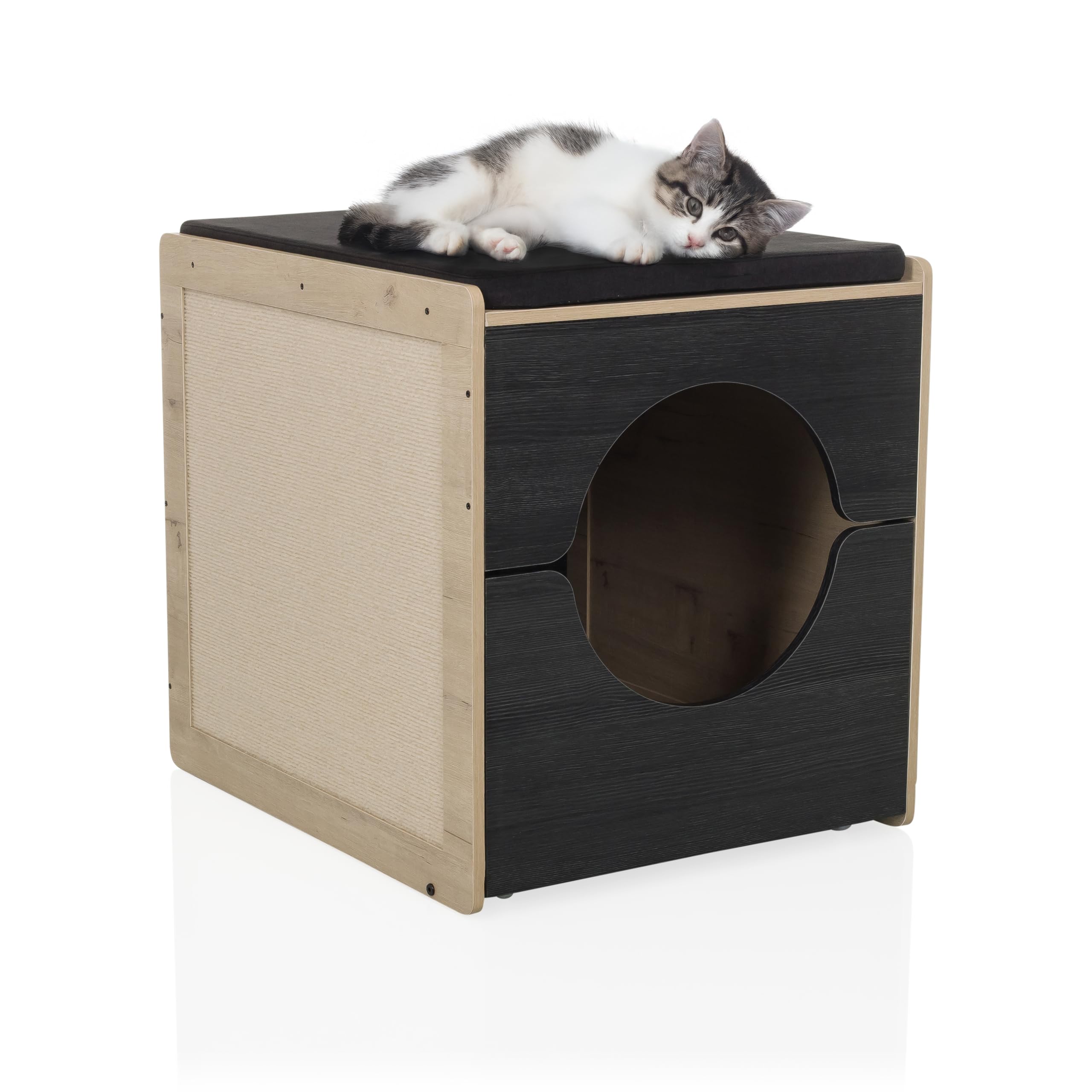 Niche pour chat haut de gamme hjh LIVING Kitty PAWBOX 2 en bois bicolore noir et chêne