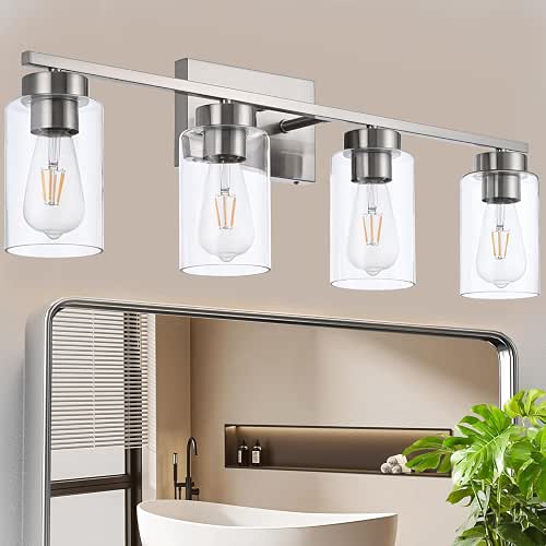 4 Light Bathroom Vanity Light Fixtures, Brush Nickel Modern Wall