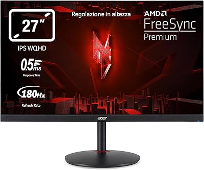 Acer Nitro XV271UM3bmiiprfx, Monitor Gaming PC 27 pollici, Display IPS WQHD, 180 Hz, 0,5 ms, FreeSync Premium, HDMI 2.0, DP 1.2, ZeroFrame, Speaker Integrati, Regolazione in altezza, Cavi DP, HDMI Inclusi