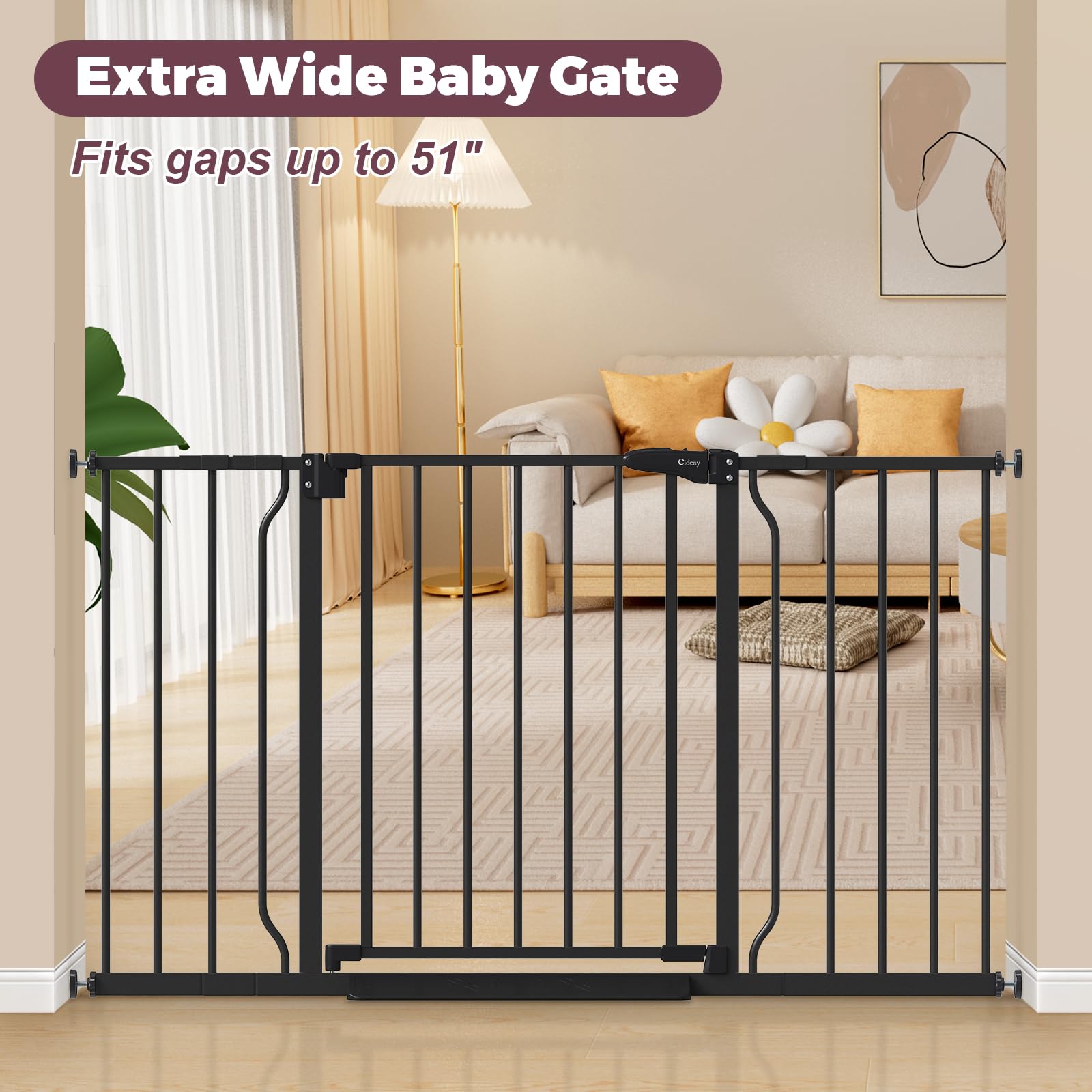 Condition photo showing New/Like New for 29"-51" Baby Gate for Stairs, Auto Close Stroller Friendly Dog Gate Indoor for Doorways, Pressure Mounted Baby Gate, Easy Walk Through Gate for Children & Pets, Black