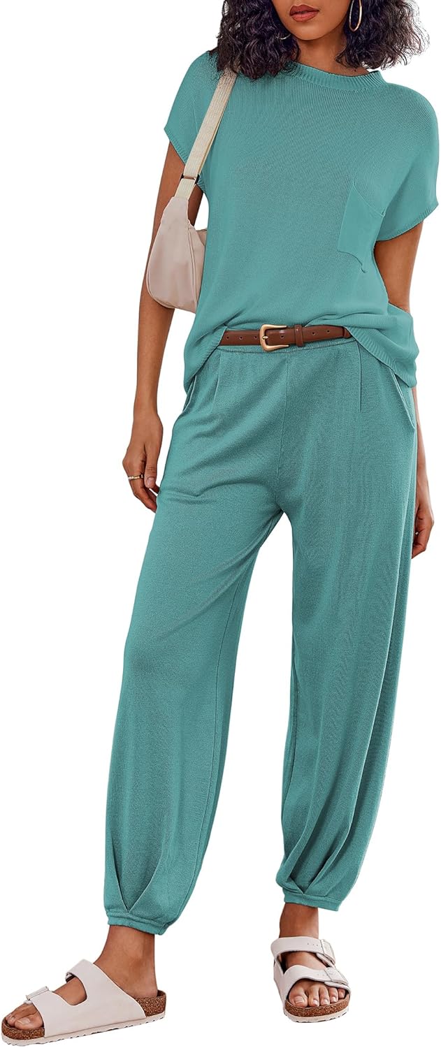 Ekouaer Two Piece Outfits Lounge Sets for Women Sweater Sets Knit Short Sleeve Tops Jogger Pants Matching Tracksuit