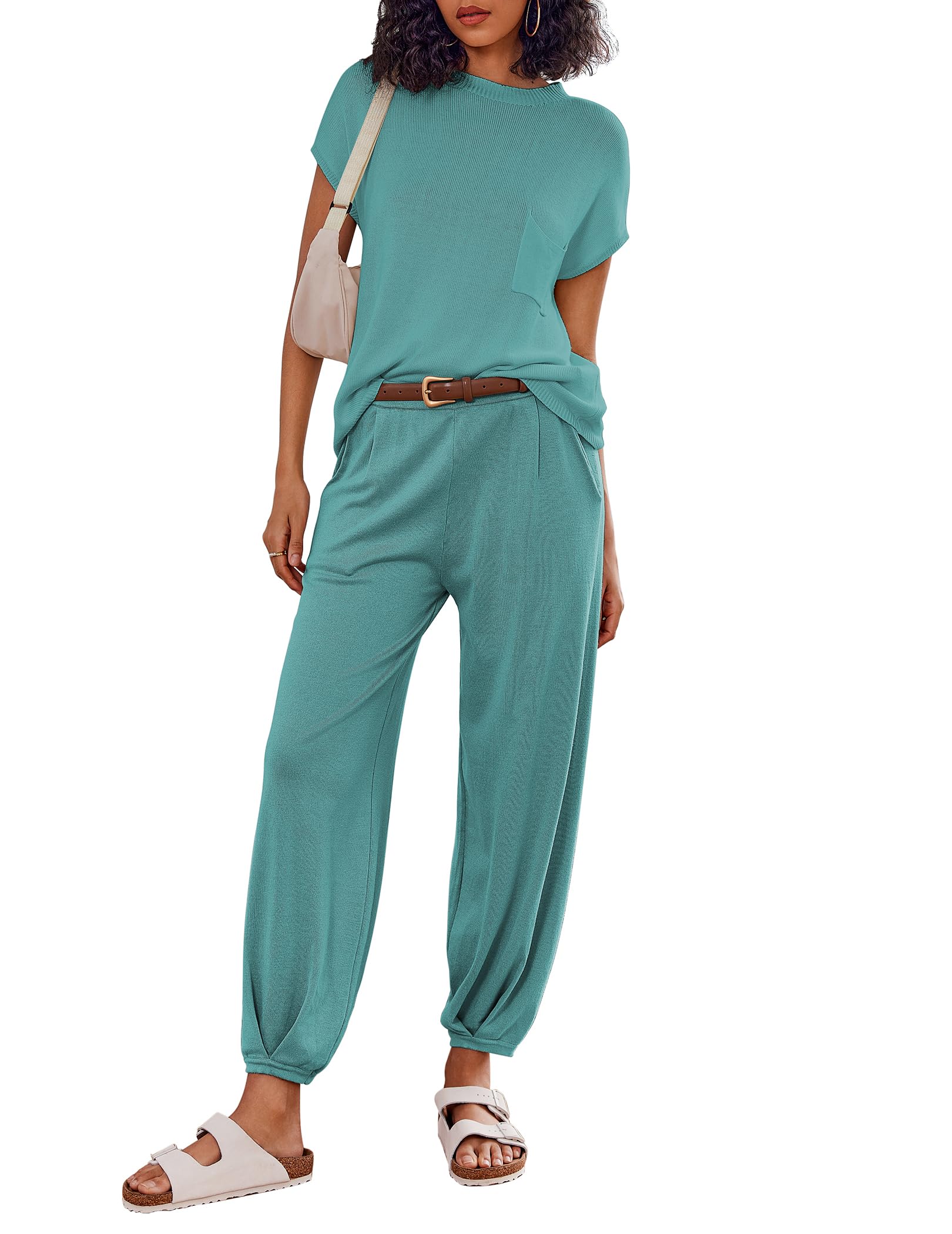 Ekouaer Two Piece Outfits Lounge Sets for Women Sweater Sets Knit Short Sleeve Tops Jogger Pants Matching Tracksuit