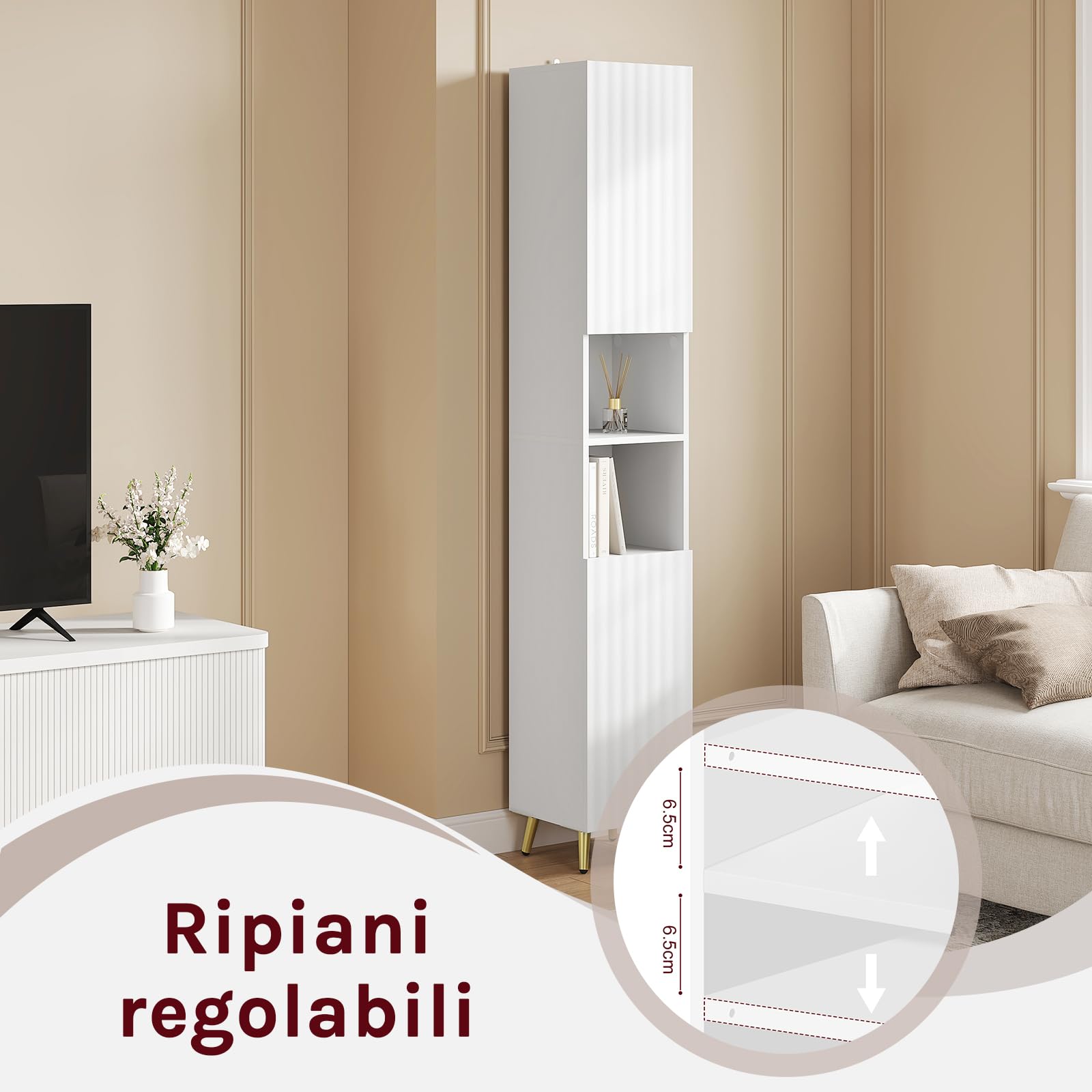 eSituro Mobile da Bagno Alto, Mobile da Bagno con Scomparti Aperti con 2 Ante, Ripiano Regolabile, Gambe in Metallo Dorato, Bianco, 30x28x180 cm