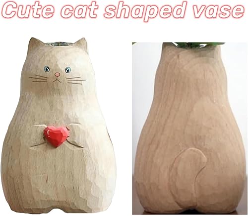 Miniatura 3 de Febohao Jarrón de flores de estatua de gato, decoración de madera maciza hecha a mano, moderno y minimalista, florero de corazón, alto para el