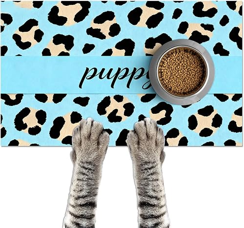 HOMETITUTE Puppy Feeding Mat 20x12 inch Blue Leopard Print Dog Bowl Placemat Non