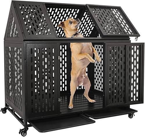 Jaula de perro indestructible de 44 pulgadas con ruedas, a prueba de escape, doble puerta para interiores, alta ansiedad, perrera de acero con