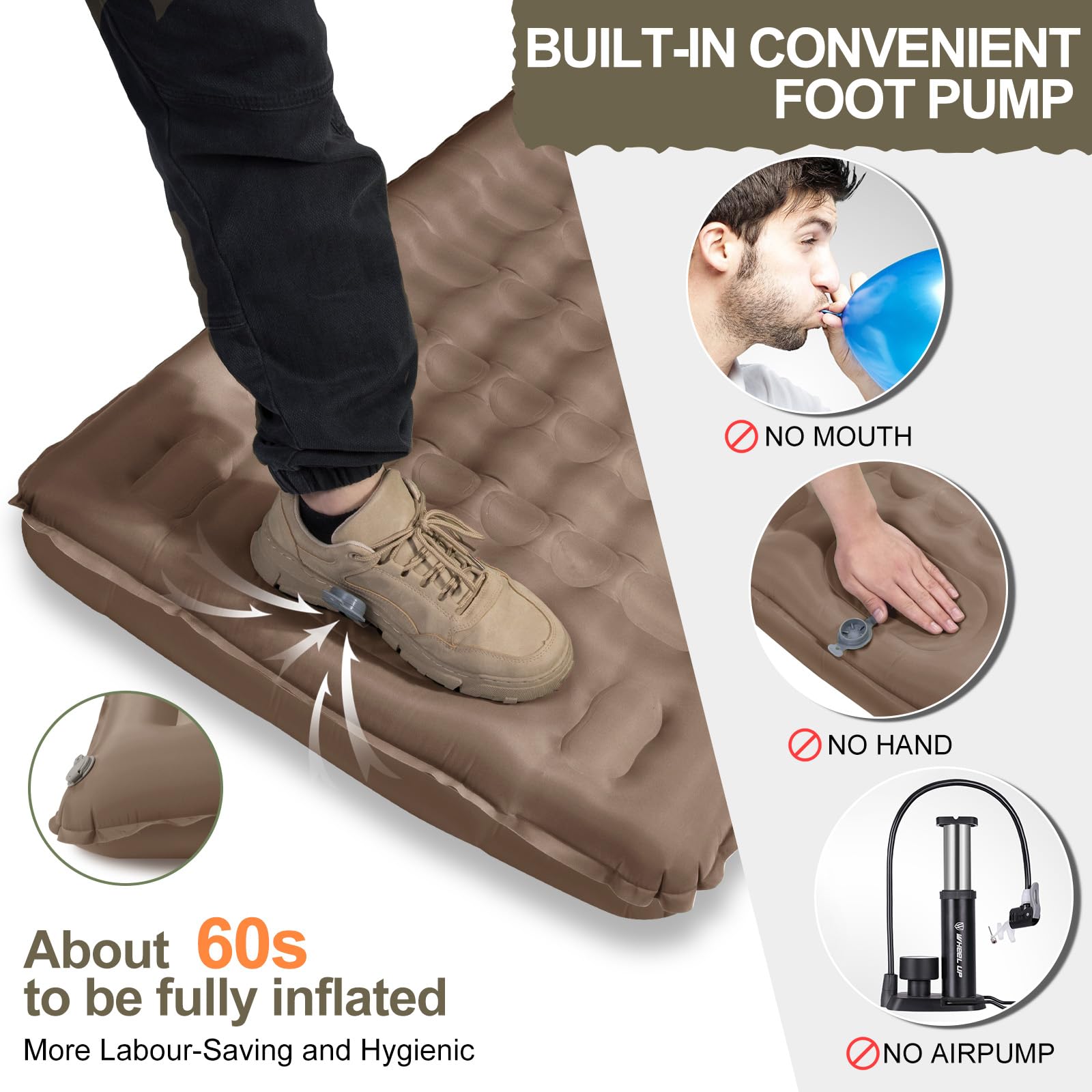 WARMTUYO Matelas isolant de camping - 12 cm - Gonflable - Petit encombrement - Étanche - Avec pompe à pied et coussin - Tapis de couchage antidérapant pour la randonnée et la plage