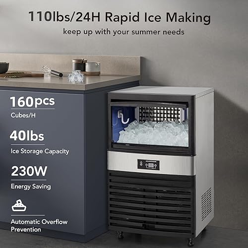 Miniatura 2 de Máquina de hielo comercial de 110 libras24 horas, máquina de hielo debajo del mostrador con cubo de hielo de 30 libras, 40 cubitos de hielociclo,