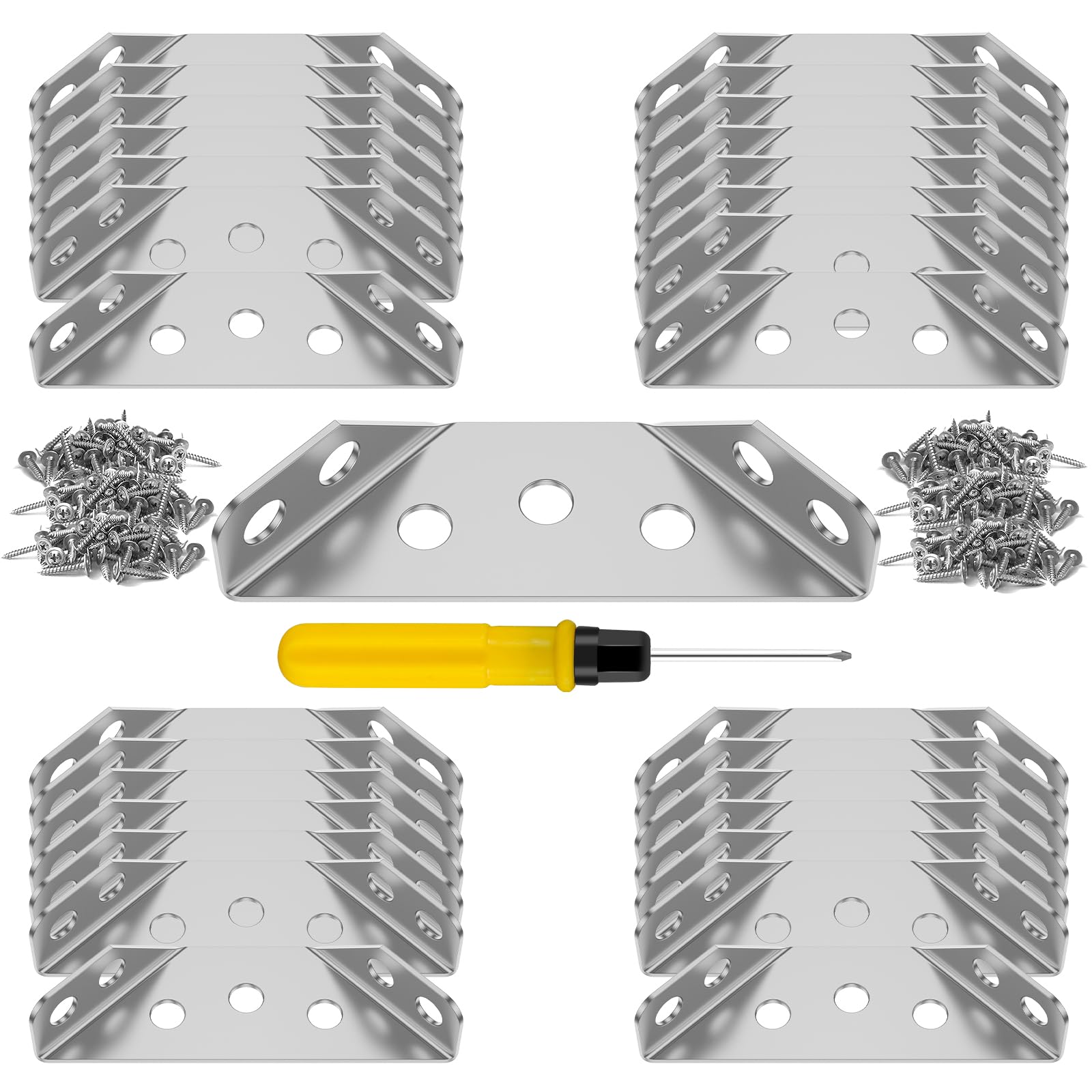 30Pcs Furniture Corner Connector, Stainless Steel Universal Triangle Corner Brace with Screw and Screwdriver Shelf Support Frame Fastening Connector for Wood Furniture Bedframe Cabinet Drawer Chair