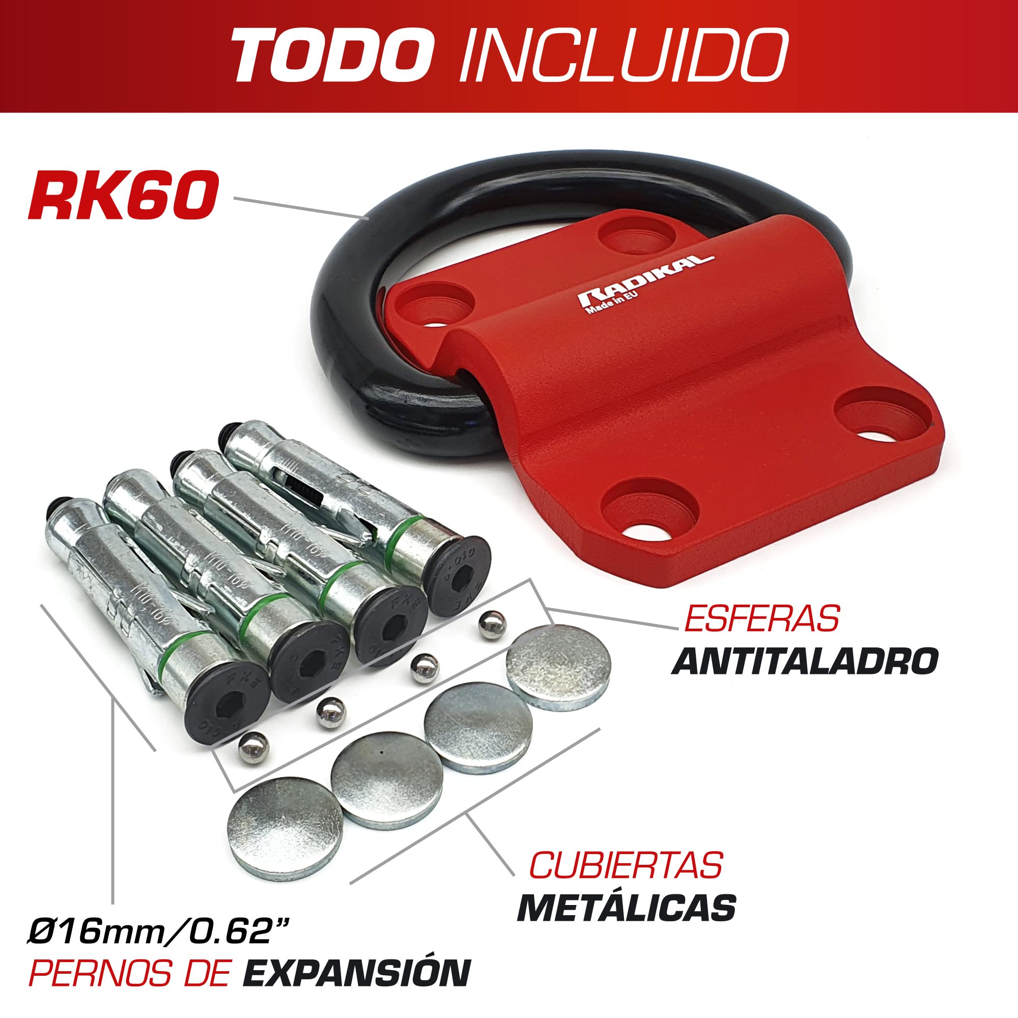 RADIKAL RK60 Anclaje Suelo Pared XXL Premium con Anilla Basculante de ø20mm para 2 Cadenas, Acero Máxima Resistencia y Tacos Blindados, Antirrobo Seguridad Universal para Anclar Moto Garaje Parking