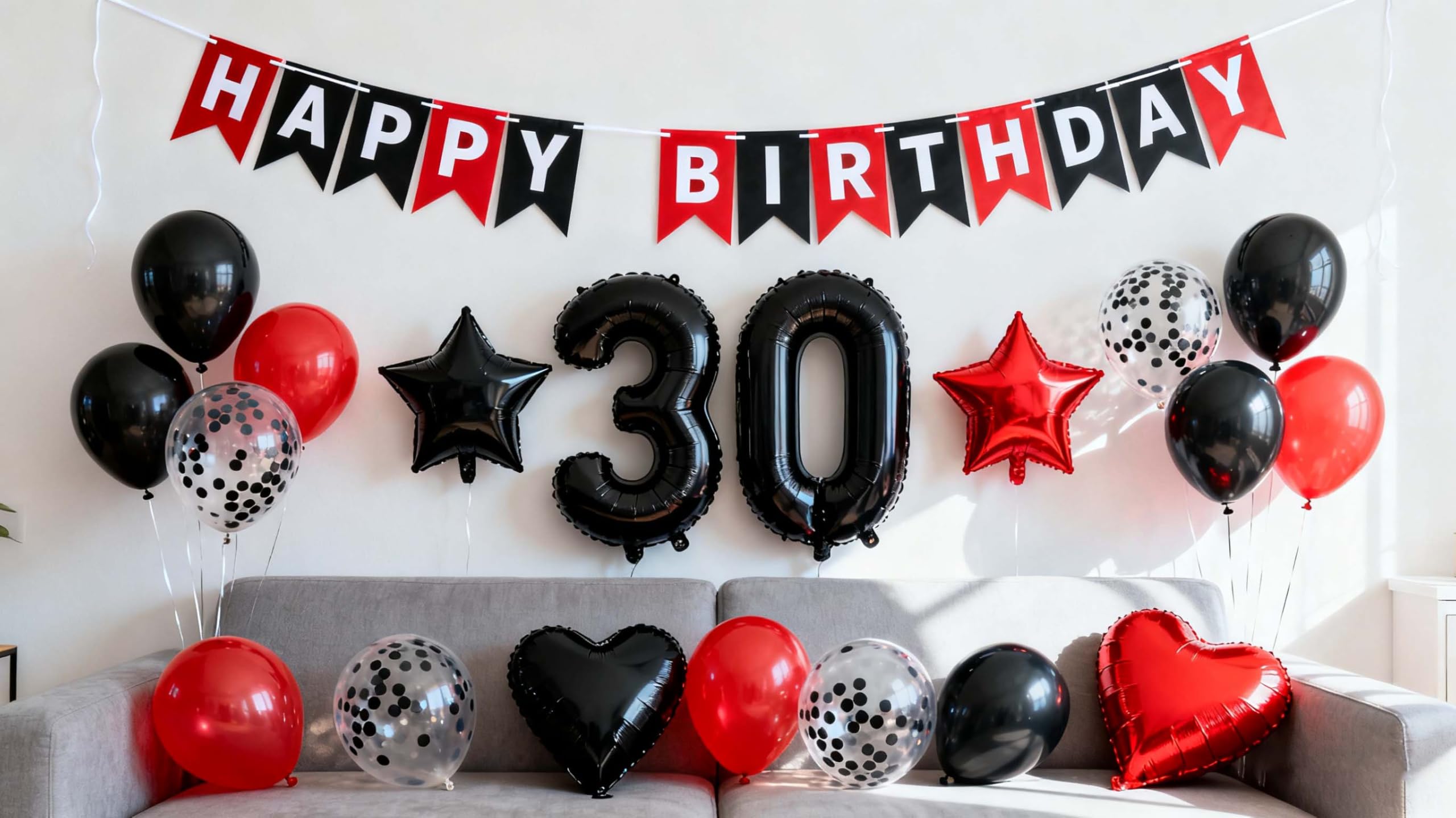 30th Birthday Party Decoration for Men Women, Black Red Birthday Banner Number 30 Balloons Heart Star Foil Confetti Latex Balloons for 30 Year Old Her