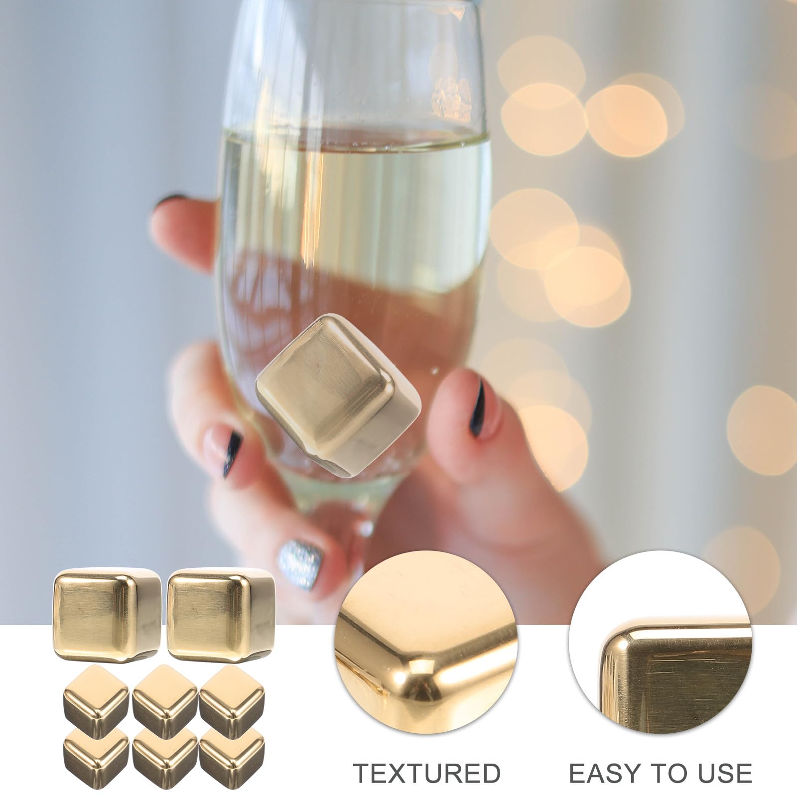 8 Piezas Cubitos Diseño Inoxidable Reutilizables de de Acero Superficie Lisa Cuadrado Dorado para Whisky y para Cafés y de Bebidas Espirituosas
