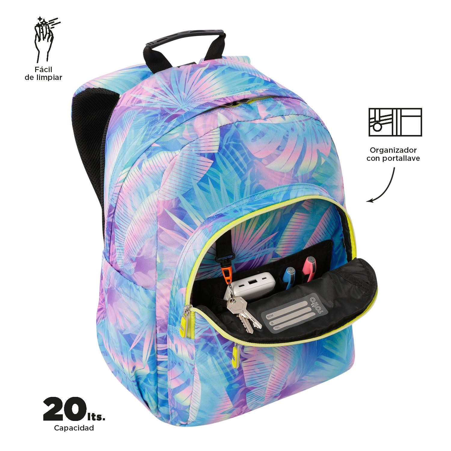 TOTTO - Mochila Escolar Adaptable a Carro, Modelo Acuareles, Capacidad 20 L, Bolsillo para Pc 14", 2 Bolsillo Botella, Espaldar Ergonómico con Flujo de Aire, Cómodas Correas en S, Estampado Prisma