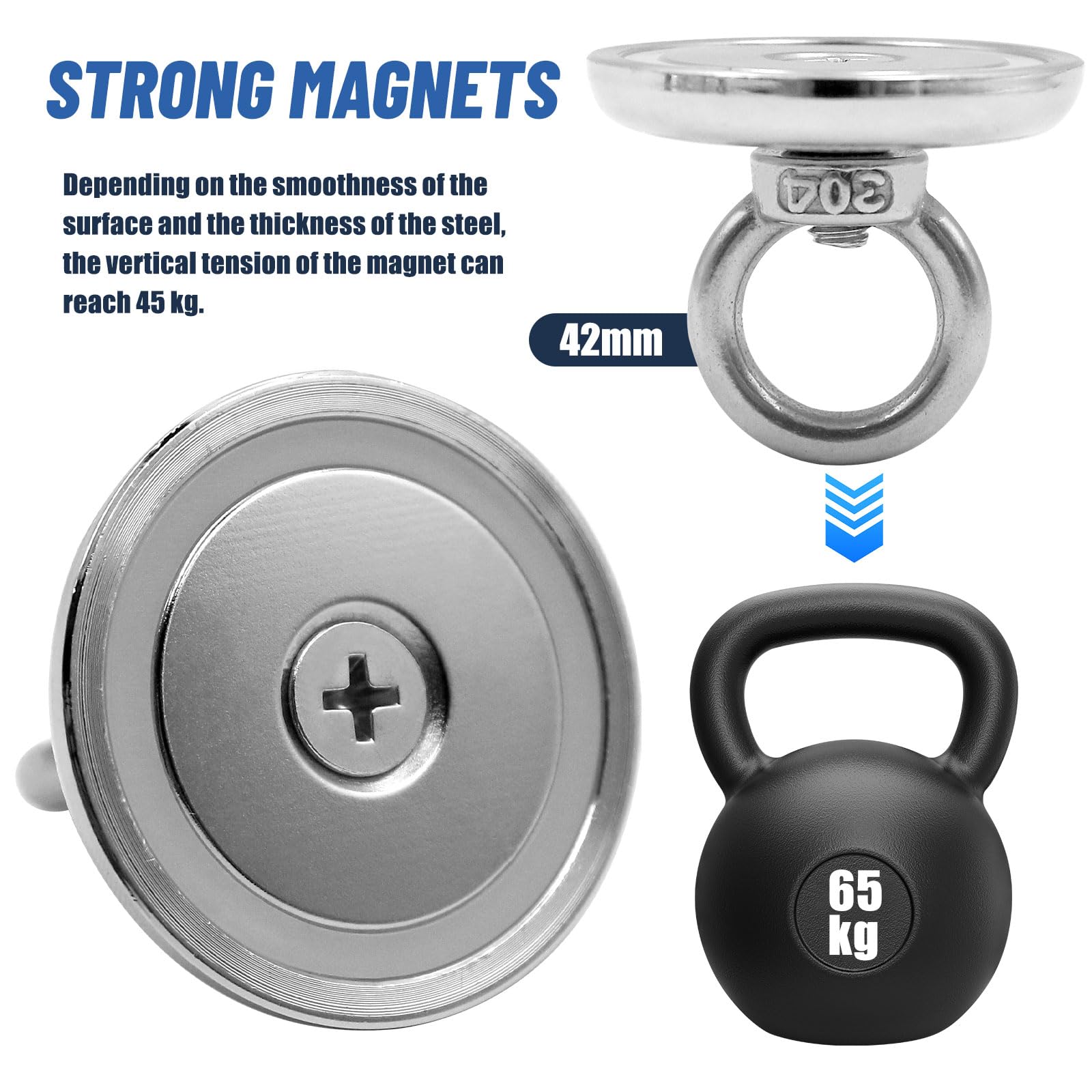 Imanes Neodimio Potentes Redondo 42mm 65Kg Fuerza Tracción Perno Ojo Elevación 2 Piezas