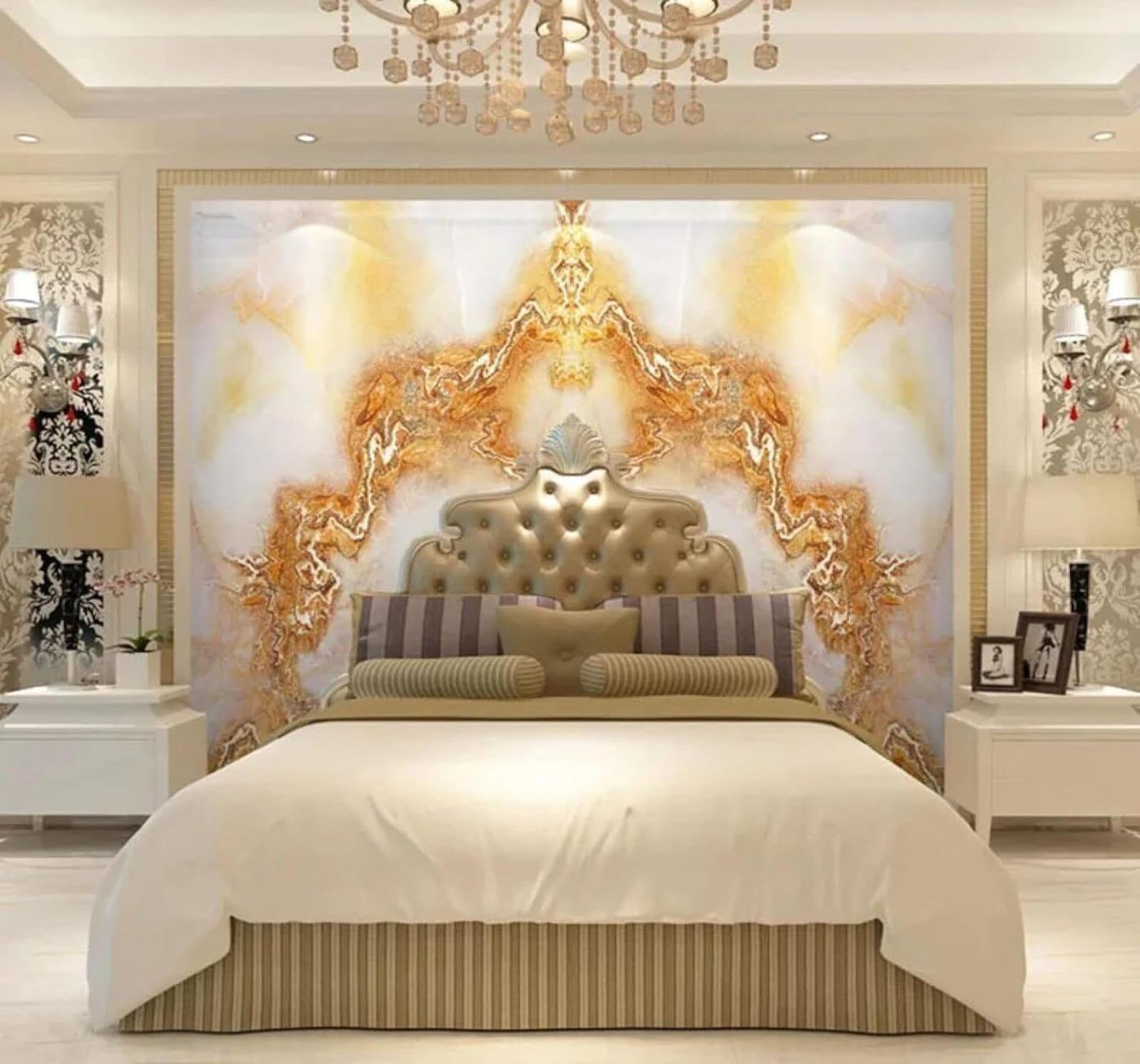 Tzxztt Abstract Luxurious Gold and Jade Faux Marble Distinctive Modern 3D Wallpaper Premium Textured Silk Neutral Tones Material Ideal for Living Room Bedroom-300cm×210cm