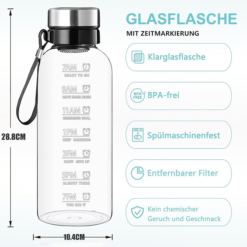 RNCKUUE 2 Literes Üveg Kulacs Szűrővel - BPA-mentes Boroszilikát Üveg Vízpalack Neoprén Tokkal és Palackmosó Kefével - Időjelzéses Motiváció