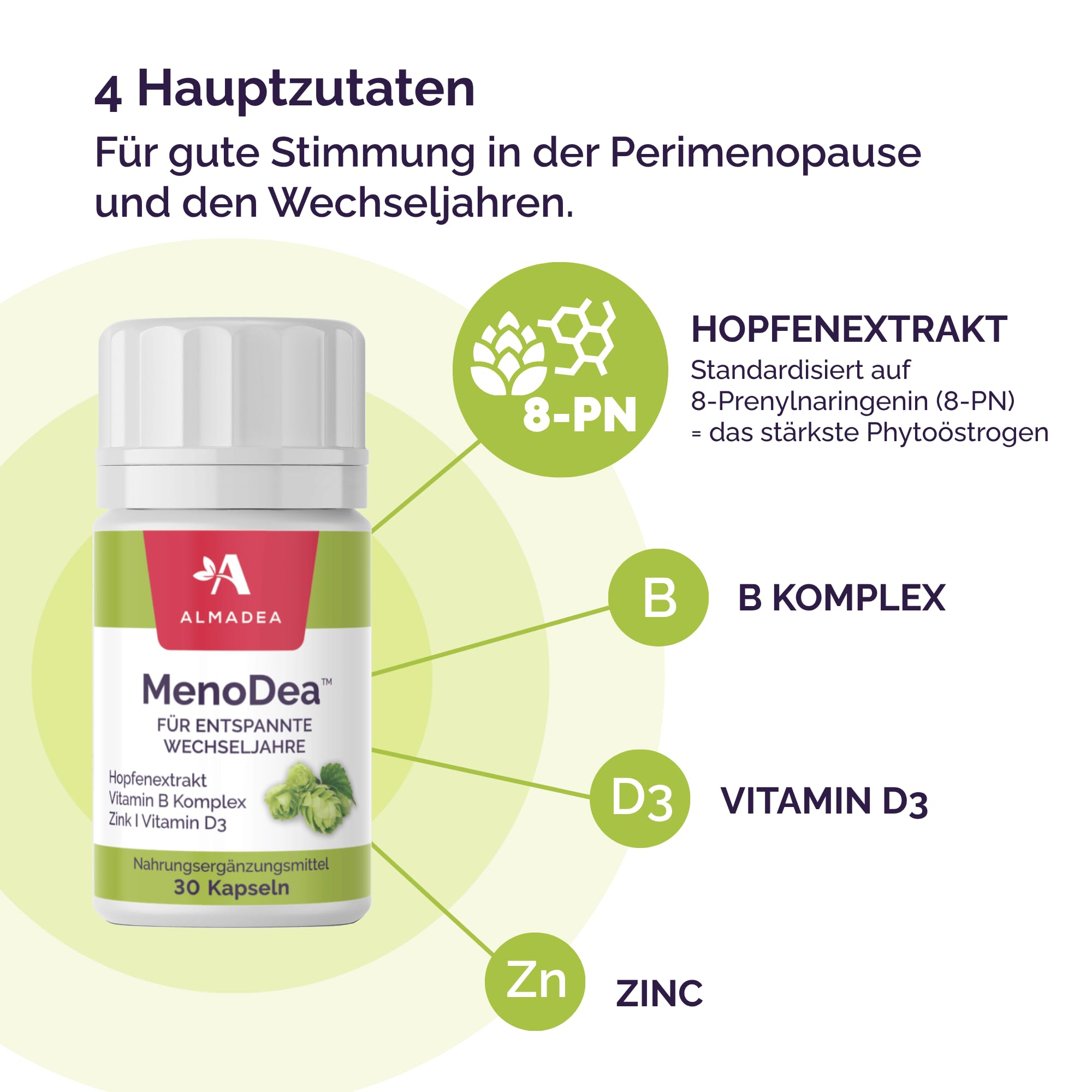 MenoDea – Wechseljahre natürlich unterstützen, Mit Hopfenextrakt (8-Prenylnaringenin), Für mehr Balance bei Hitzewallungen, Schlaf & Stimmung, 100% pflanzlich, 30 Tage Vorrat (1 Packung)