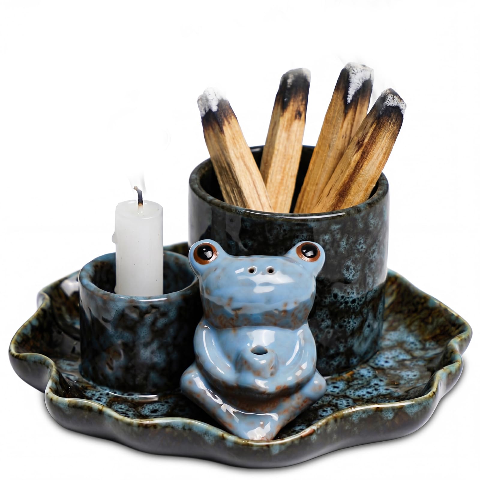 ZONSUSE Multifunctional Frog Incense Burner with Lotus Leaf Tray, 4-in-1 Candle Holder, Ash Catcher for Sage, Palo Santo, Incense Sticks and Candle, for Yoga and Meditation (Blue Frog)