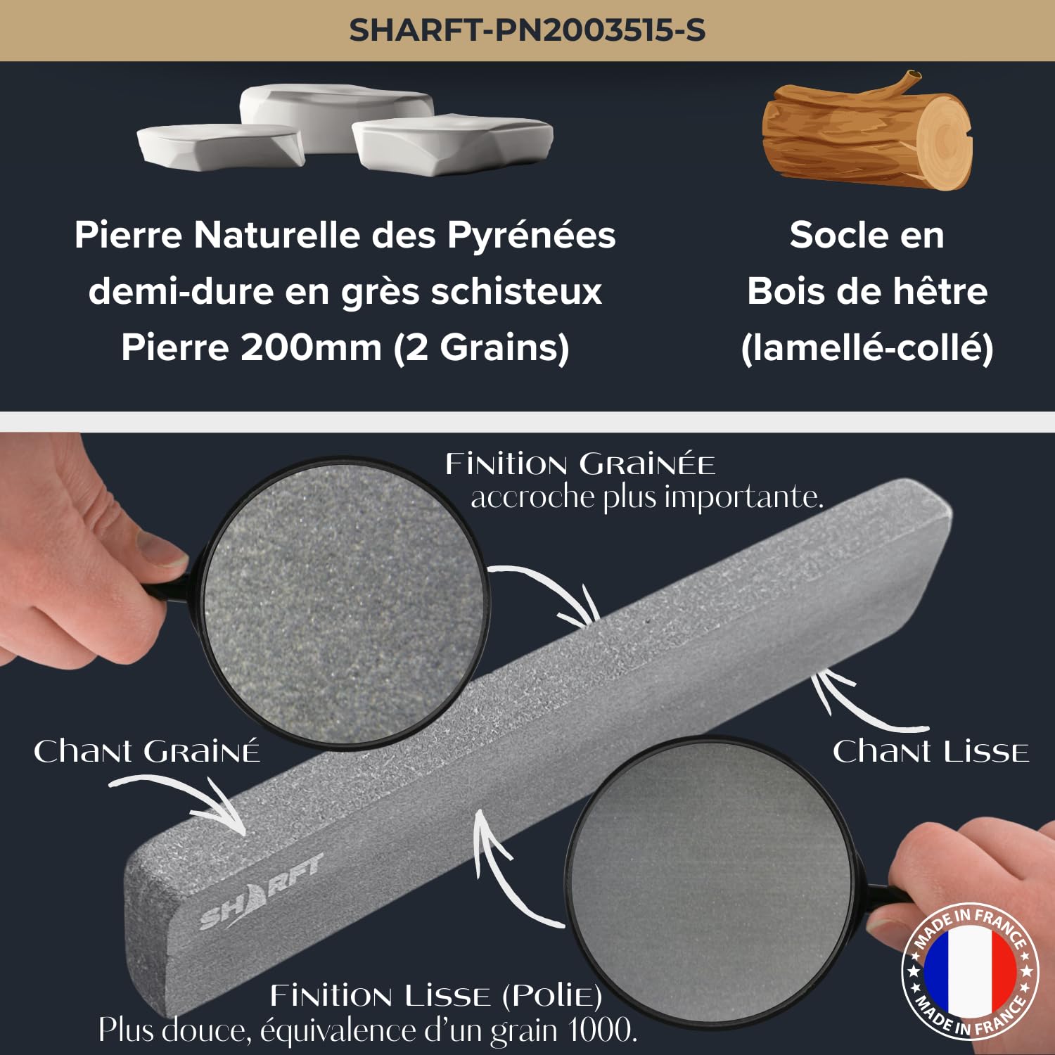 SHARFT, Pierre a aiguiser naturelle des Pyrénées 800/1000 + socle en bois. Pierre à aiguiser 2 grains 200mm. Affuteur de couteaux de cuisine, etc... Aiguiseur couteaux professionnel. MADE IN FRANCE.