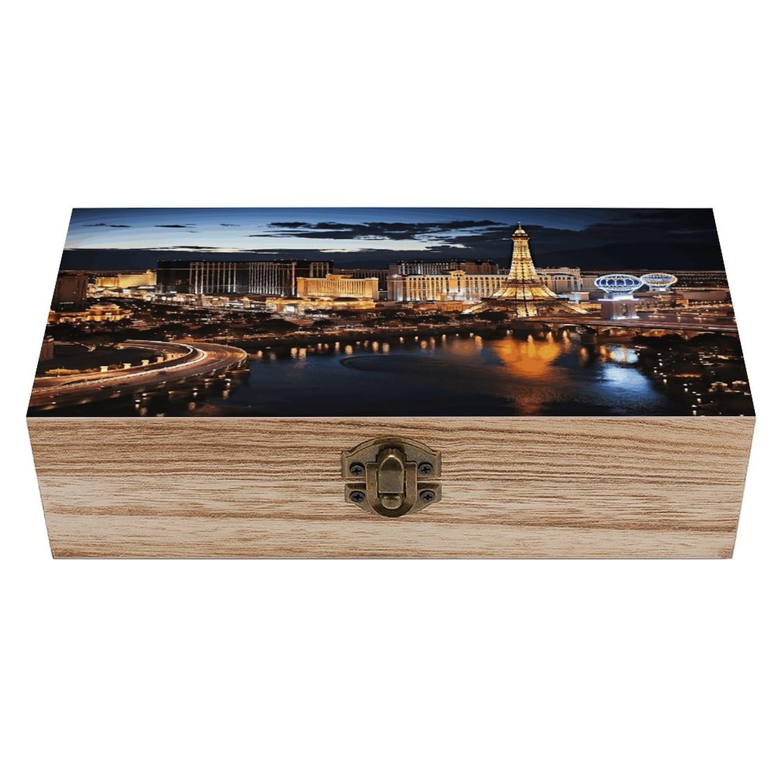 VstaDank Las Vegas Night View Wooden Storage Box with Hinged Lid Natural Wooden Box Beautifully Keepsake Boxes Vintage Wood Boxes Jewelry Organizer Trinket Storage Chest Unique Gift