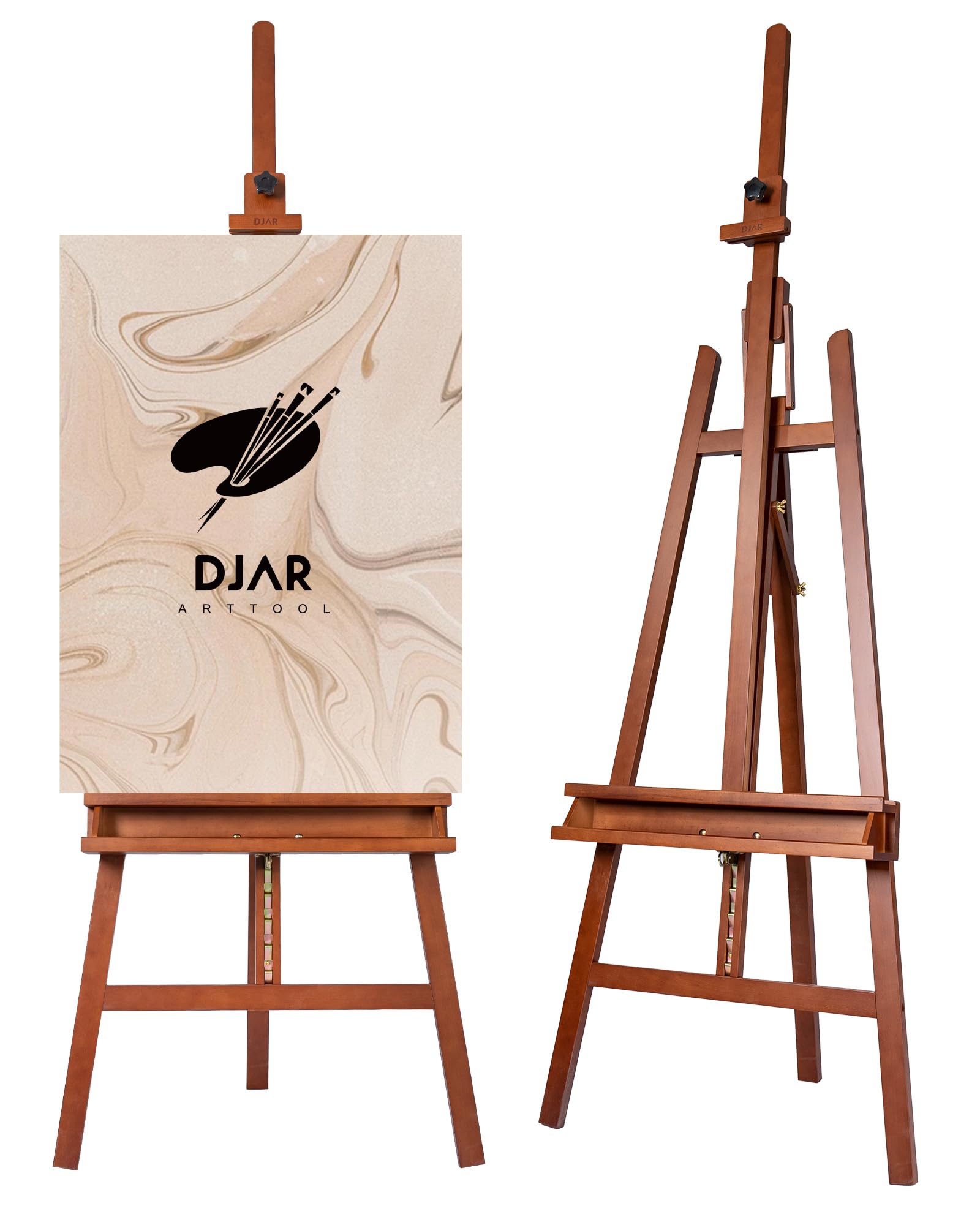 DJAR Chevalet d'Atelier en Cadre A, Grand Chevalet de Sol Réglable en Bois de Hêtre avec Plateau de Rangement, Pour Toiles jusqu'à 124 cm, Finition Noyer