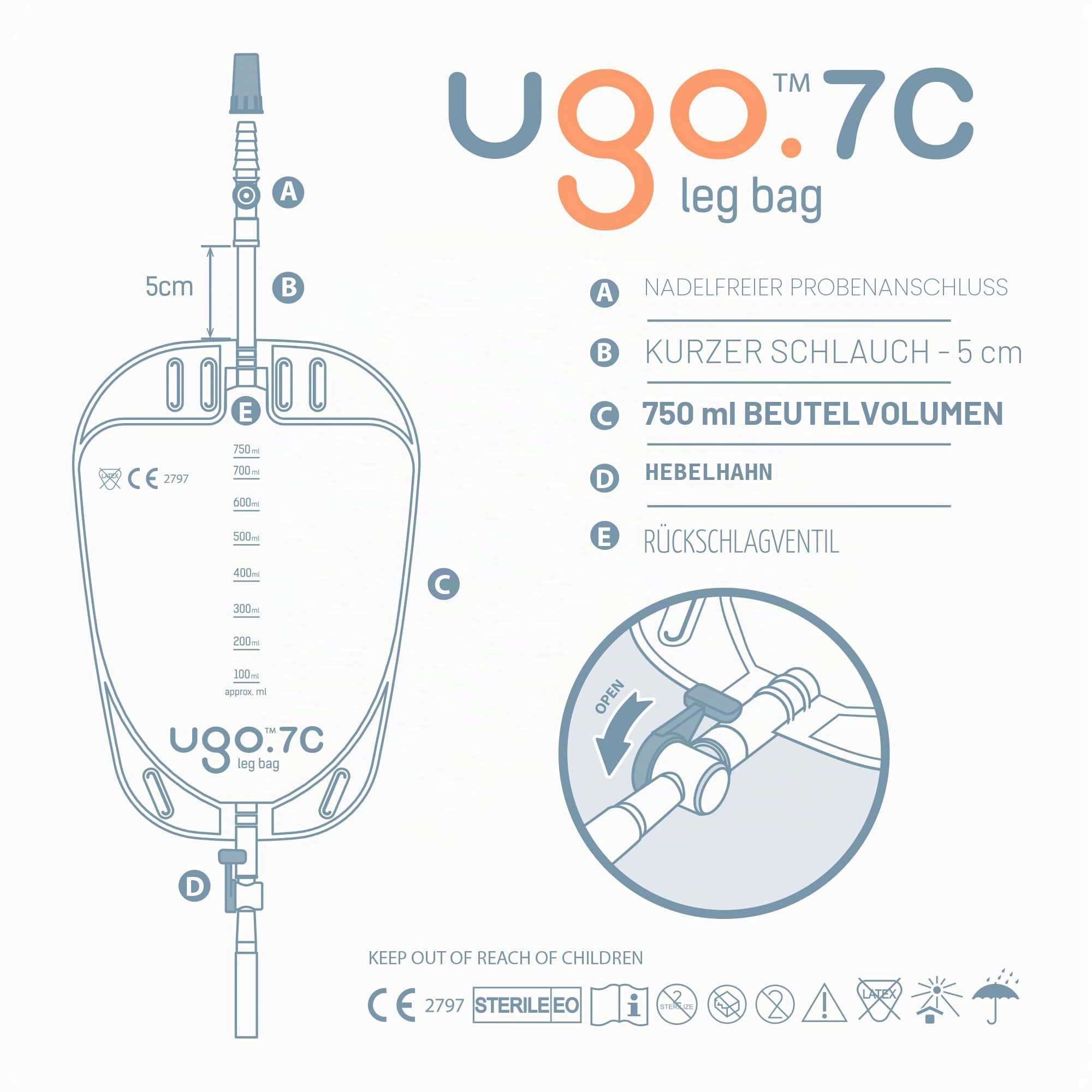 Ugo-Beintaschen (x10) - Urindrainagebeutel/Katheter-Beintaschen, T-förmige oder hebelförmige Taschen mit weicher Stoffrückseite (10er-Pack) (Ugo 7C - 750ml, kurze Tube, Hebelarmatur)