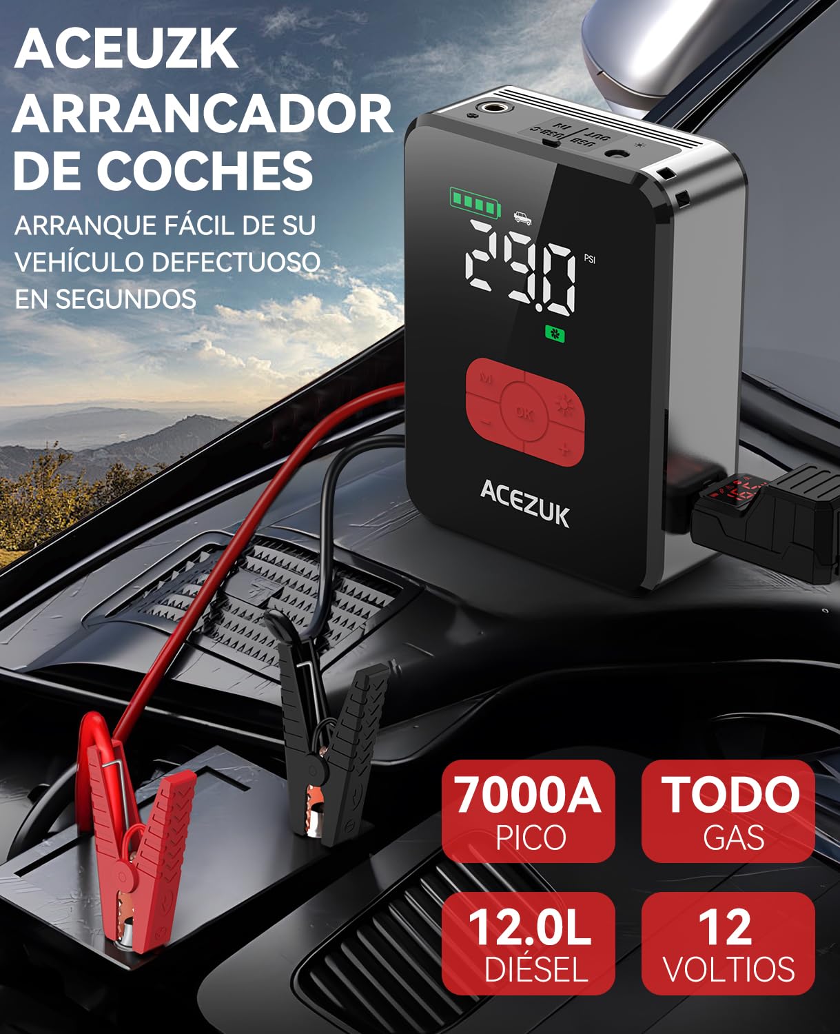 ACEZUK 7000A Arrancador de Baterias de Coche con 150PSI Compresor de Aire, Arrancador Coche Portatil con Inflador(Todo Gas o 12.0L Diésel), 12V Jump Starter, Pantalla Grande LCD, 600 Lúmenes LED
