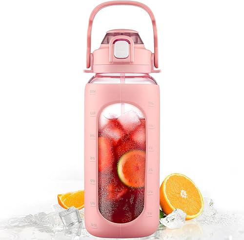 BLUEGO Botella de agua de vidrio de 64 onzas, botella de agua motivacional con marcador de tiempo y pajilla, botella de agua de boca ancha de medio