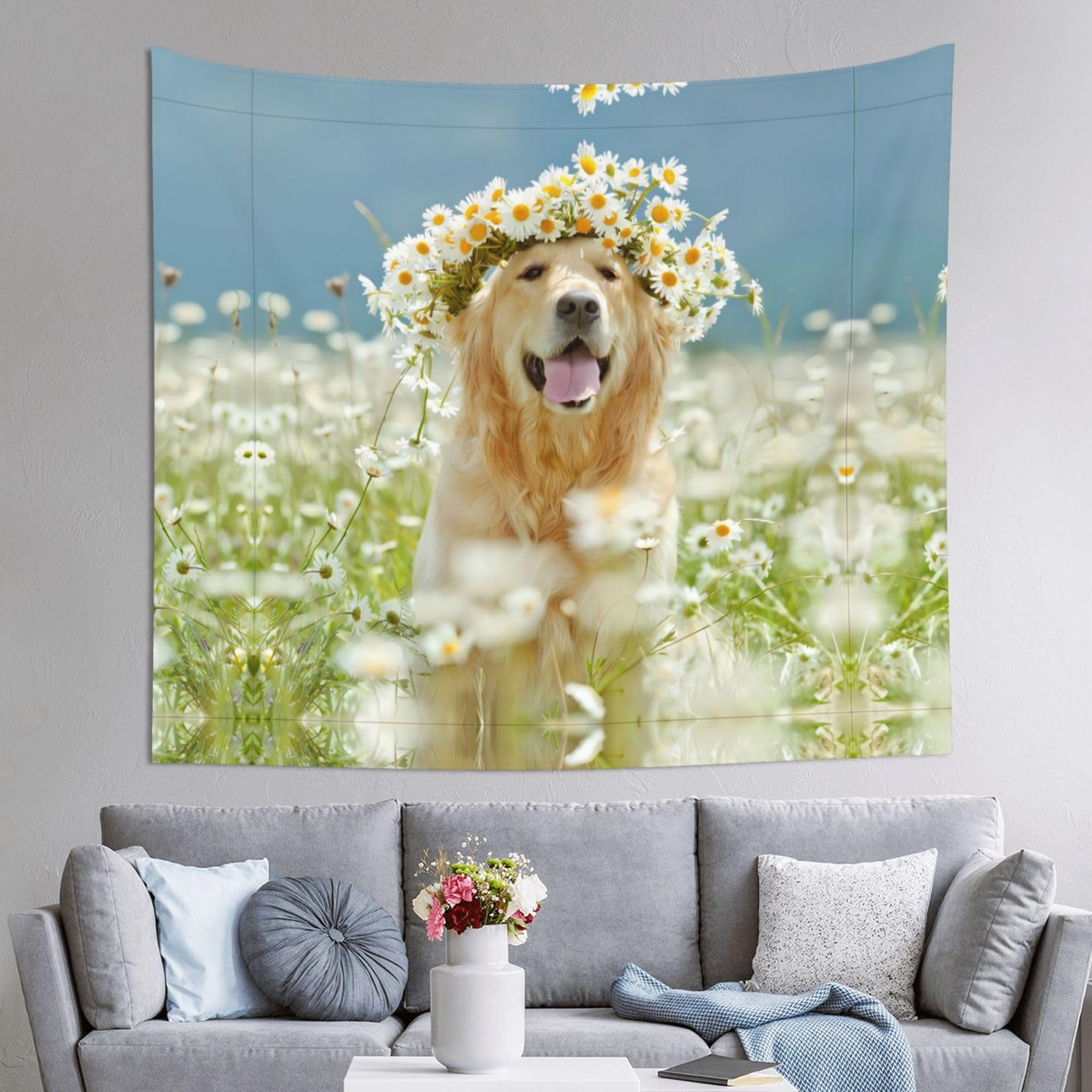 HLSBSSL 60x51in Dog Printed Tapestry Tablecloth for Dormitory and Picnic Rooms - Multifunctional Fabric Hanging