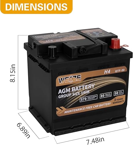 Miniatura 2 de Weize Platinum AGM Batería BCI Group 140R, 12V 50ah Tamaño 140R H4 Batería automotriz, 80RC, 570CCA, 36 meses de garantía