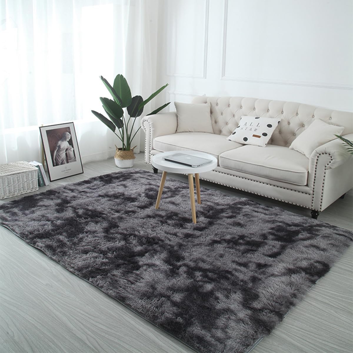 Tinyboy-bhq Area Rugs Soft Living Room Carpets Anti Slip Fluffy Bedroom Rug Shaggy Floor Mats Large for Hallway Bedroom (Black/Grey - Image 3