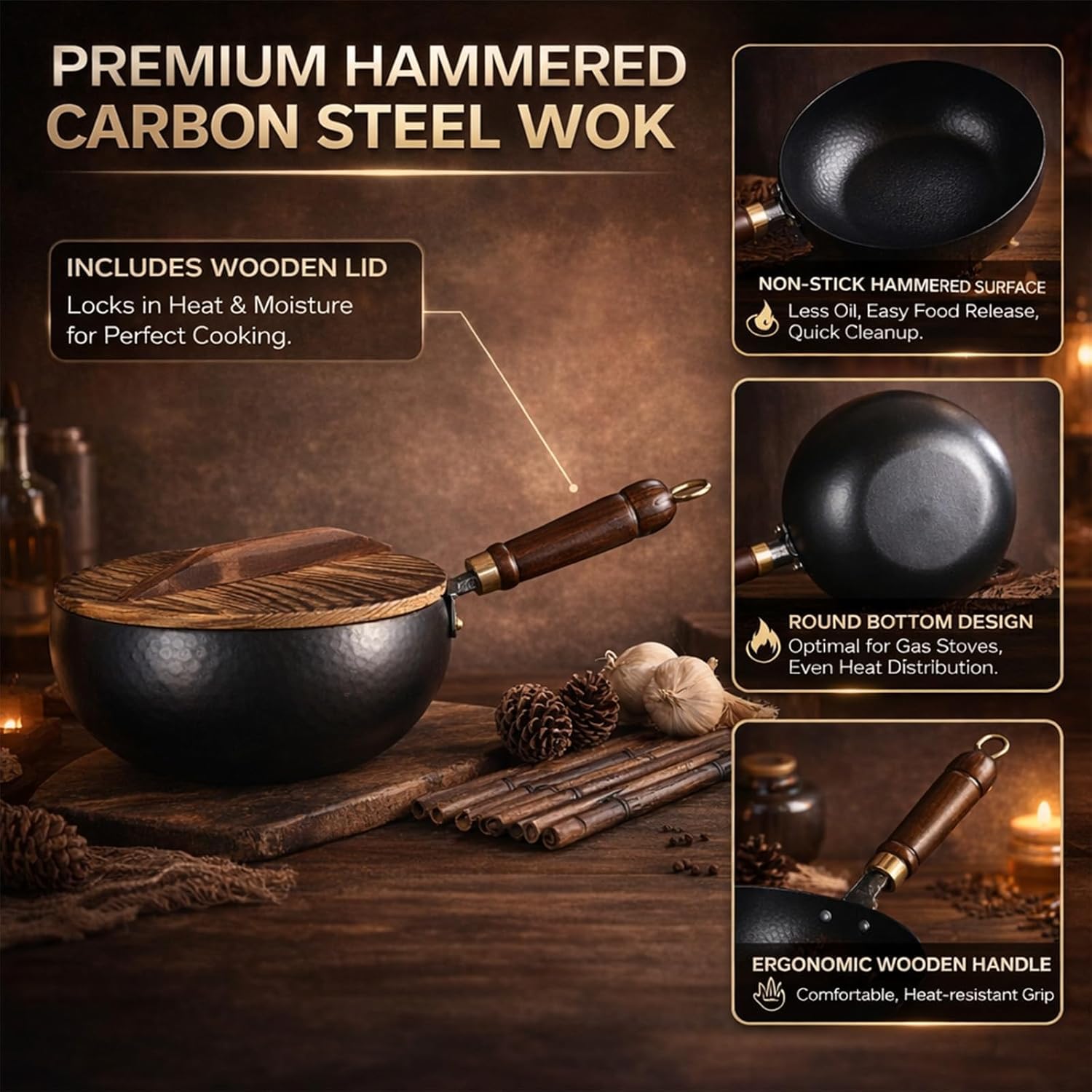 Uncoated Thick Iron Pot, Uncoating Cast Iron Pot, Handmade Multifunctional Non Stick Cast Iron Wok, High Purity Iron Frying Pan for Cooking (with Wooden Lid, 26 cm/ 10.23 in)