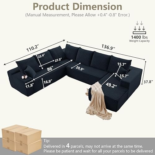 Miniatura 2 de Sofá seccional en forma de nube con chaise en L, sofá modular moderno y cómodo con asiento profundo, sofás tapizados en corduroy de forma U Negro