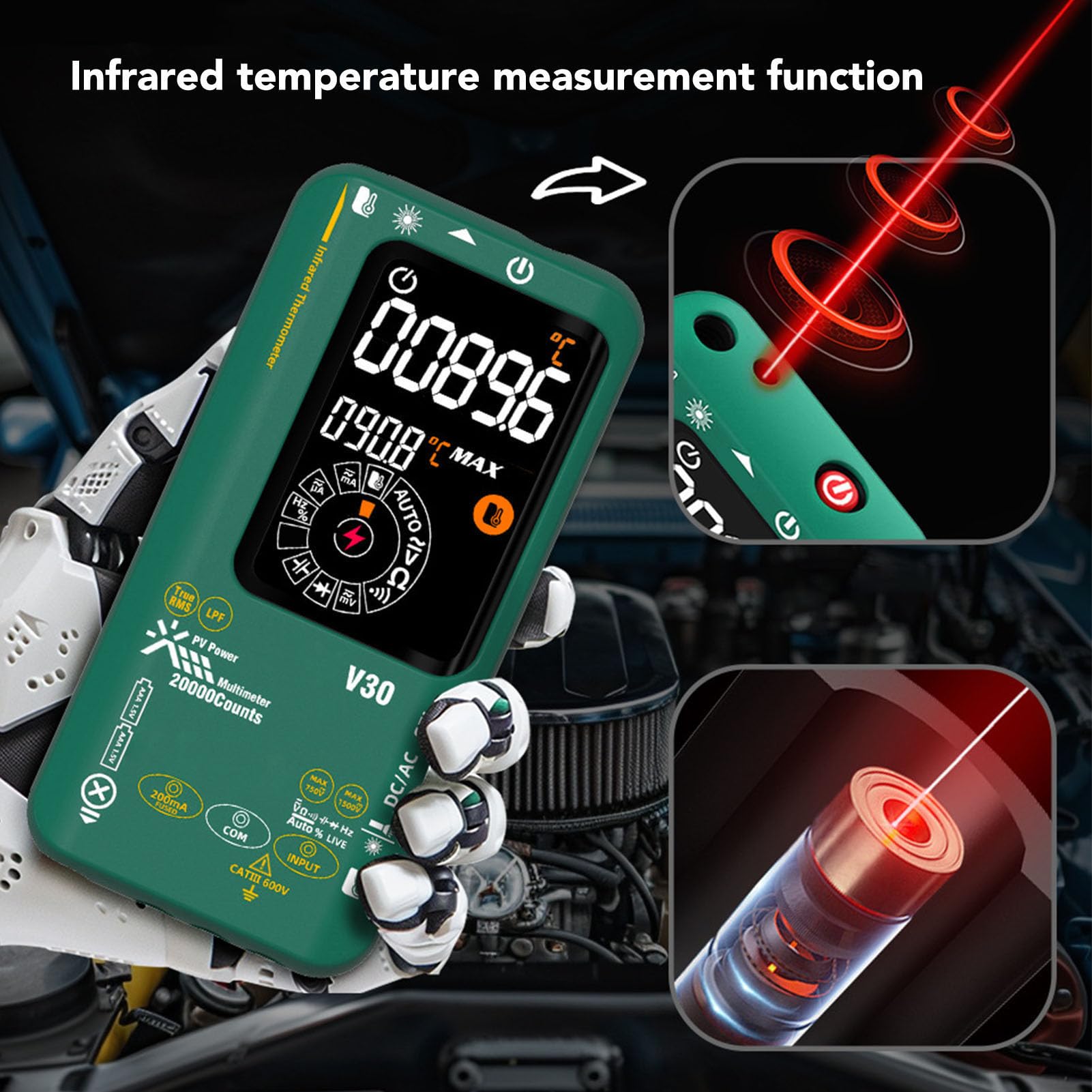 PV Multimetro a infrarossi 20000 conteggi Schermo a colori ad alta precisione 0,1uA 10uV 1500V Multimetro portatile con funzione di misurazione della temperatura