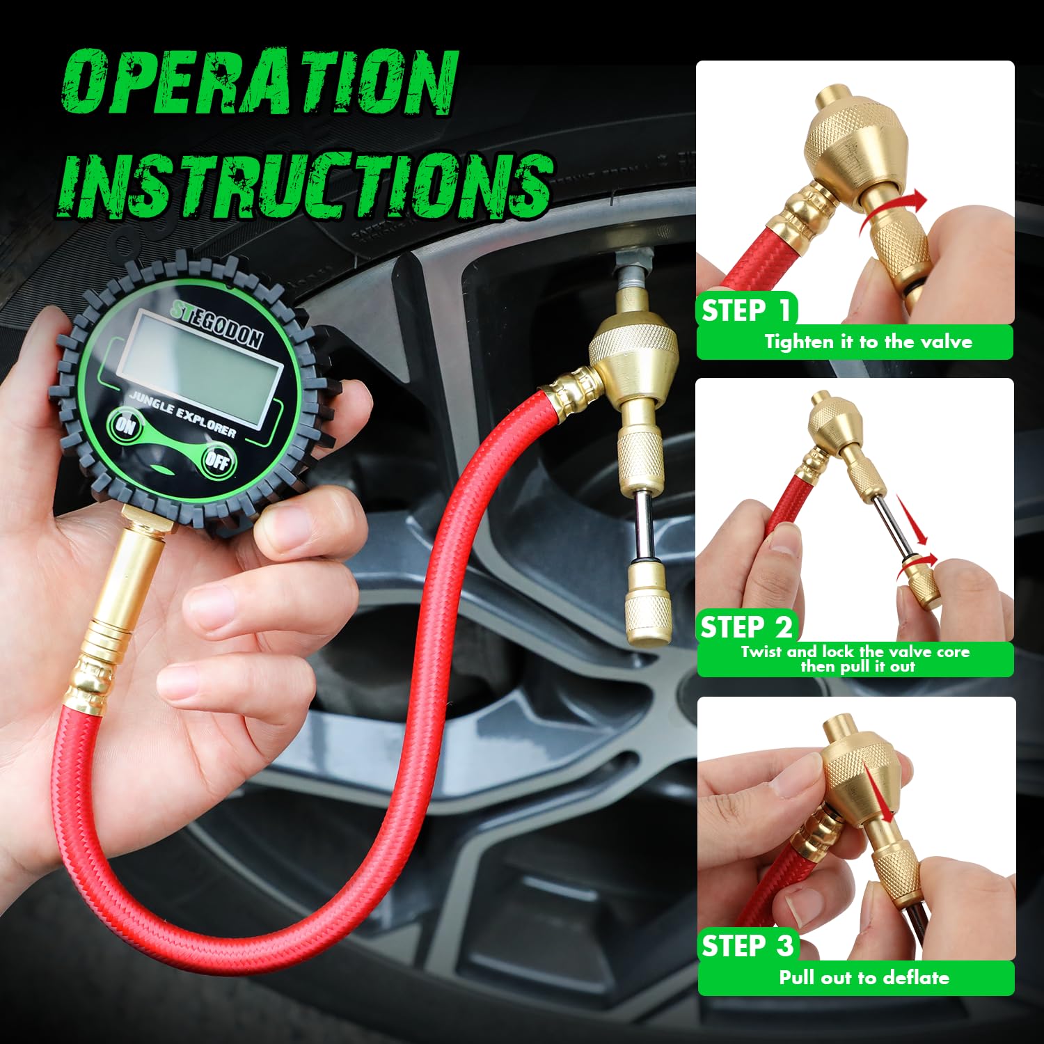 4x4 Digital Tire Deflator Kit, Professional Tire Pressure Gauge 0-250 PSI Heavy Duty Tire Gauge (Stainless Steel) Pressure Gauge Rapid Air Down Kit