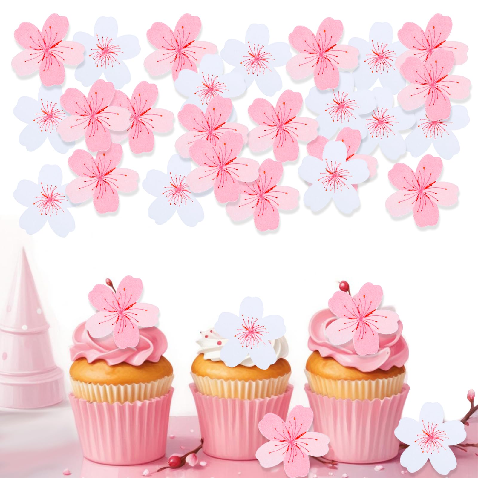 YUXIANLB Edible Cherry Blossom Wafer Paper Flowers Cake Decorations for Cupcakes Spring Birthday Wedding Bridal Shower Tea Party Flower Theme Events
