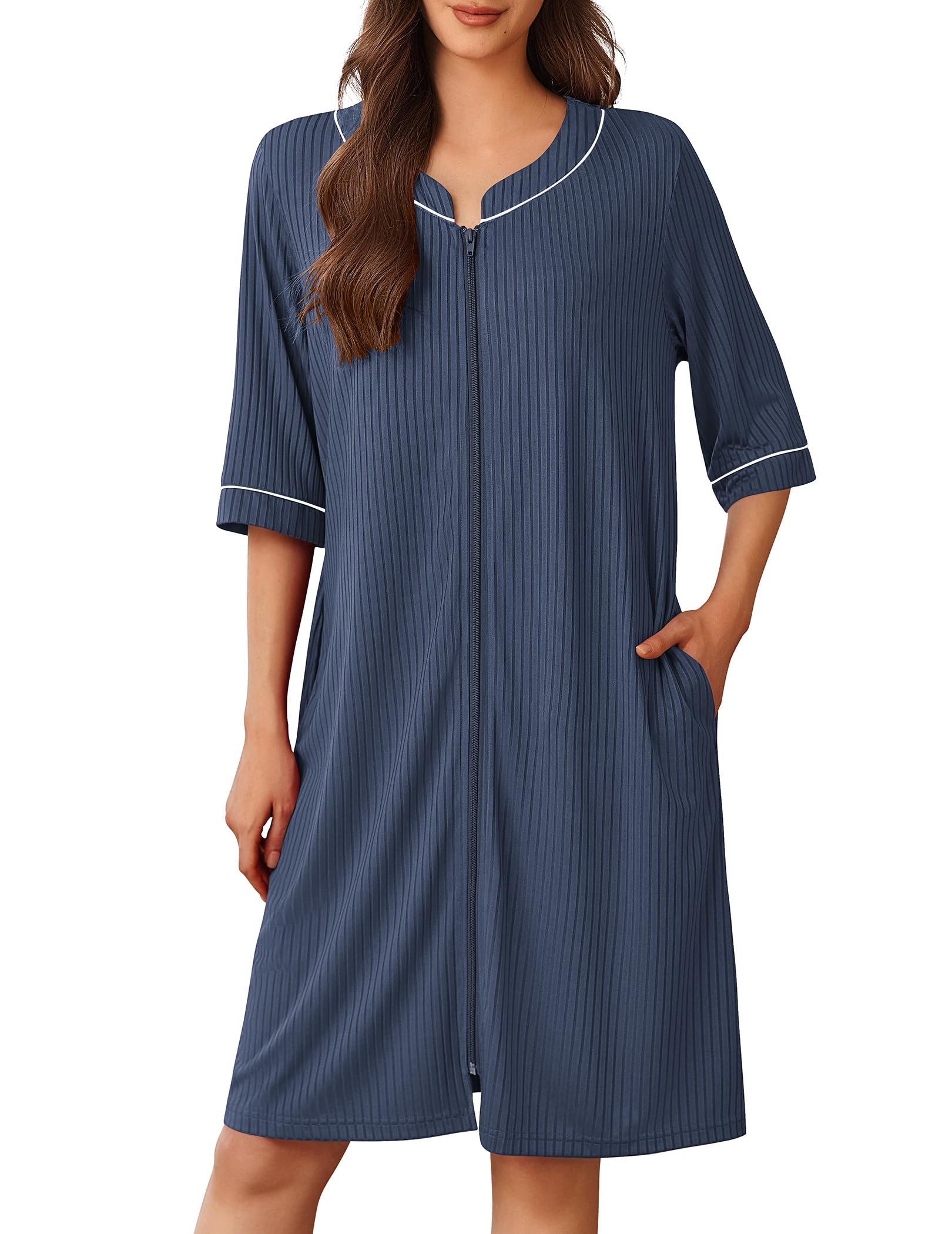 Ekouaer Women Robes Zipper Front 3 4 Sleeve Housecoat Zip Up Bathrobes Lightweight Nightgown with Pockets S-XXL