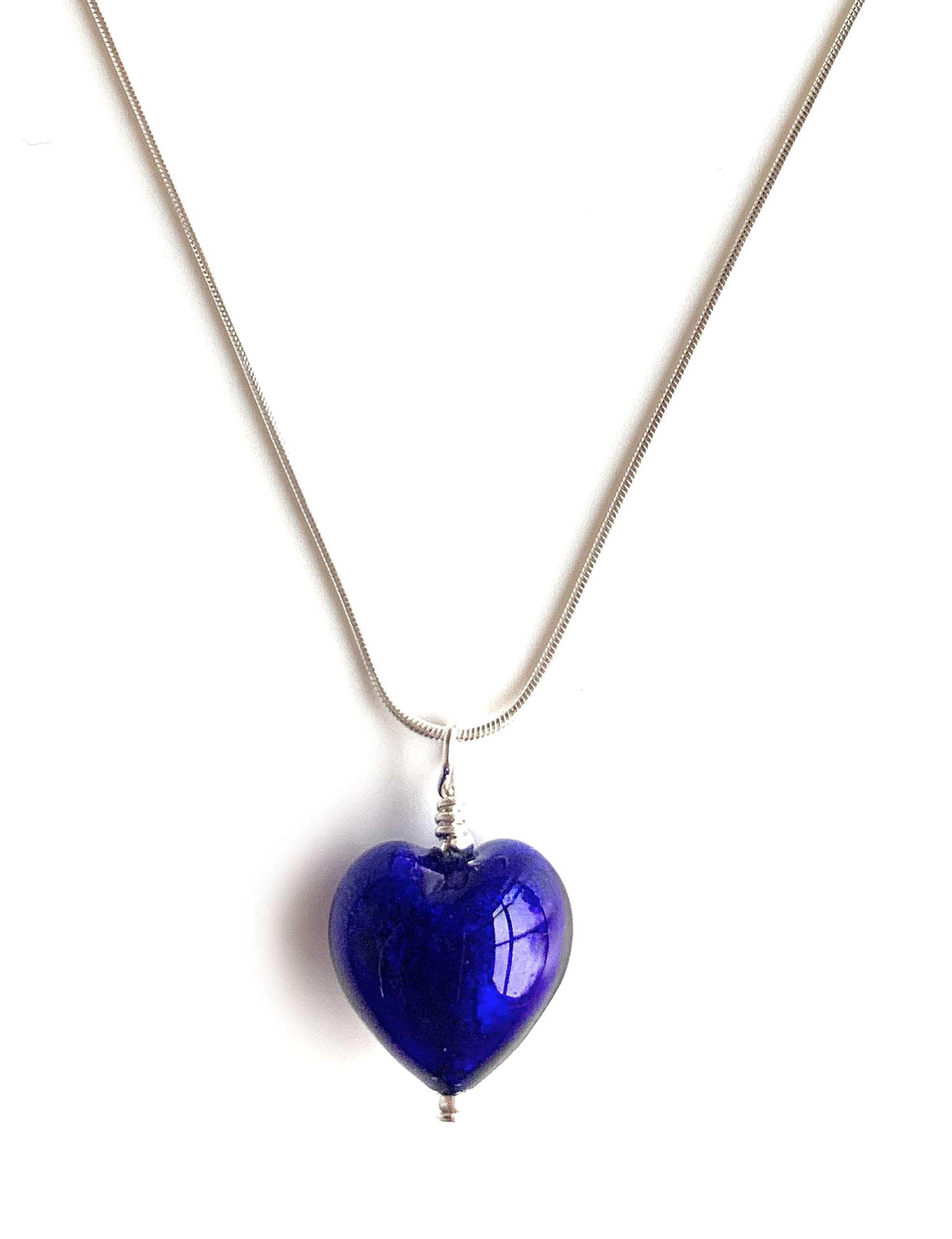 Diana Ingram necklace with dark blue Murano glass small heart pendant on Sterling Silver snake chain