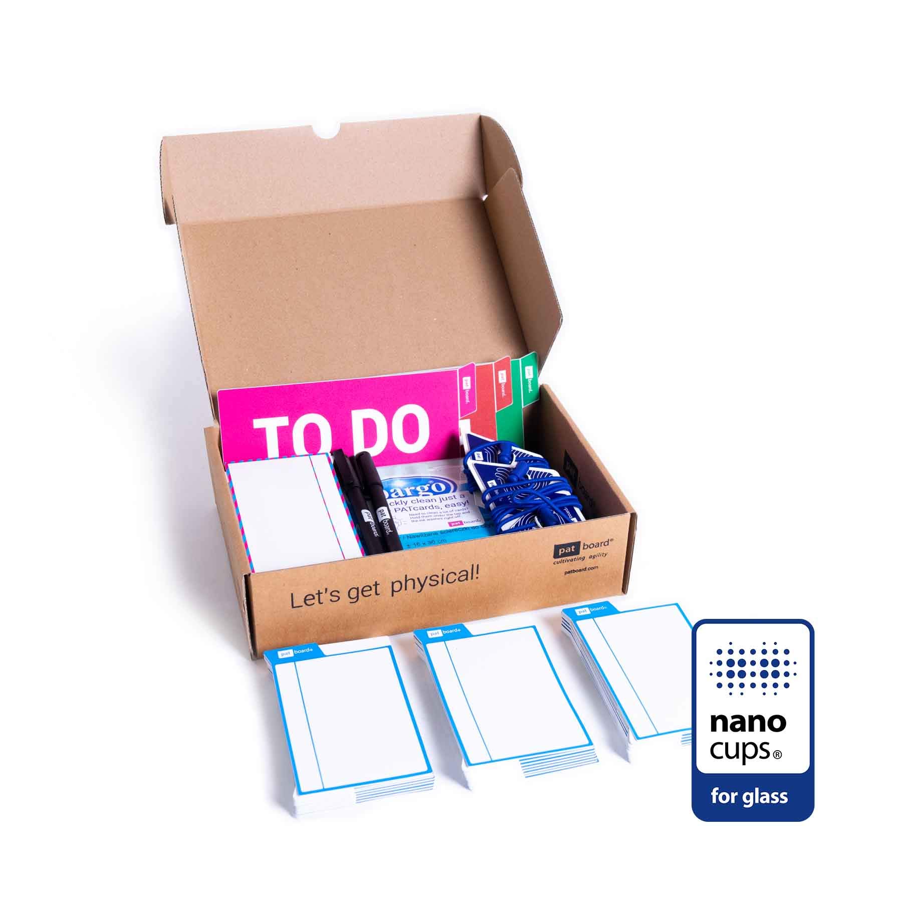 PATboard Scrum board und Kanban tafel - Basis toolset - mit nanocups® für glas – Scrum und Kanban karten für agiles projektmanagement – Basic toolset agile nanocups für glas®