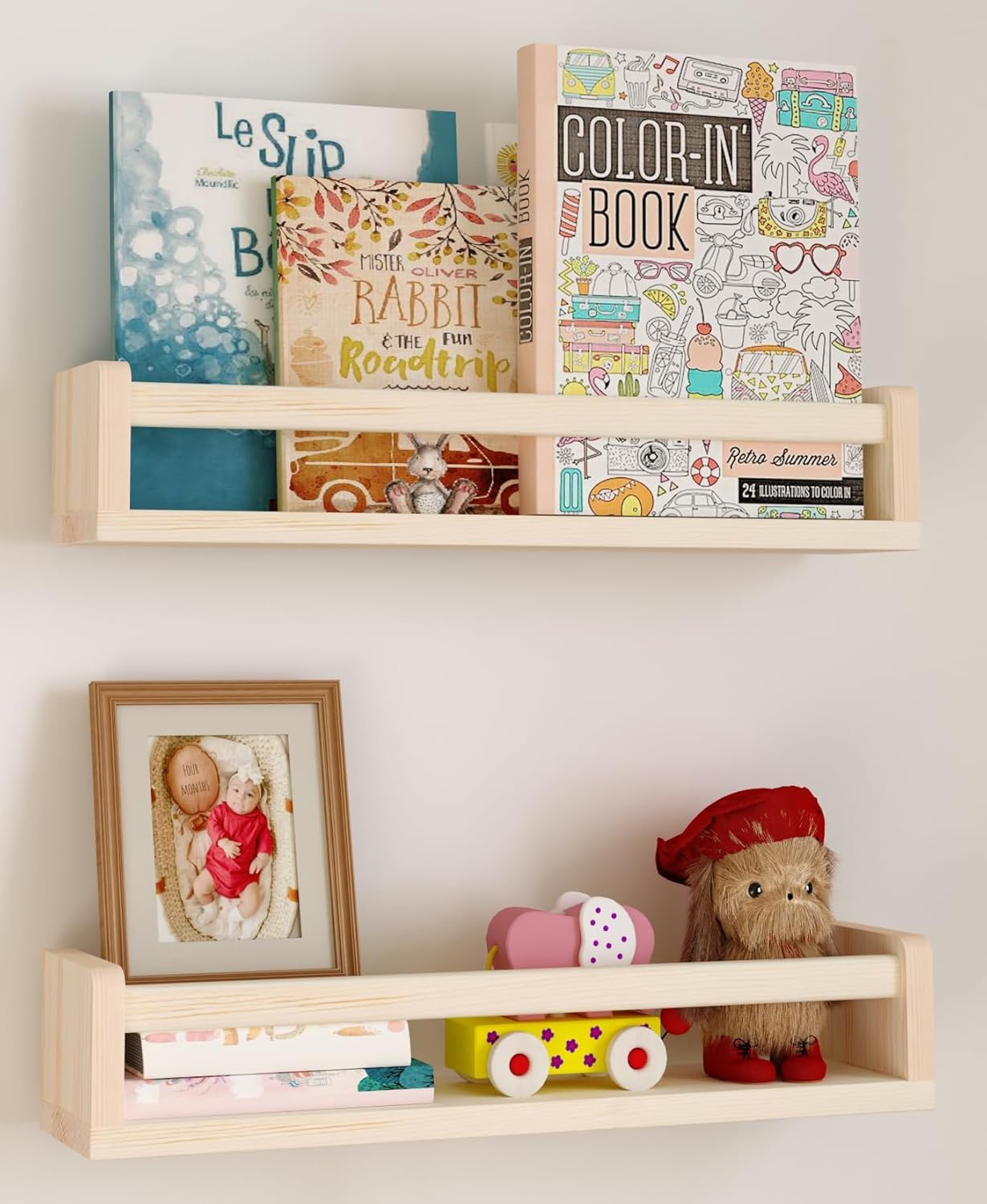 AB SALES Nursery Floating Shelves, Wood Nursery Book Shelves for Wall – 40 cms Solid Wood Wall-Mounted Shelves for Kids' Books, Toys & Décor - Easy Installation (40 cm - 2 PCs)-image-9
