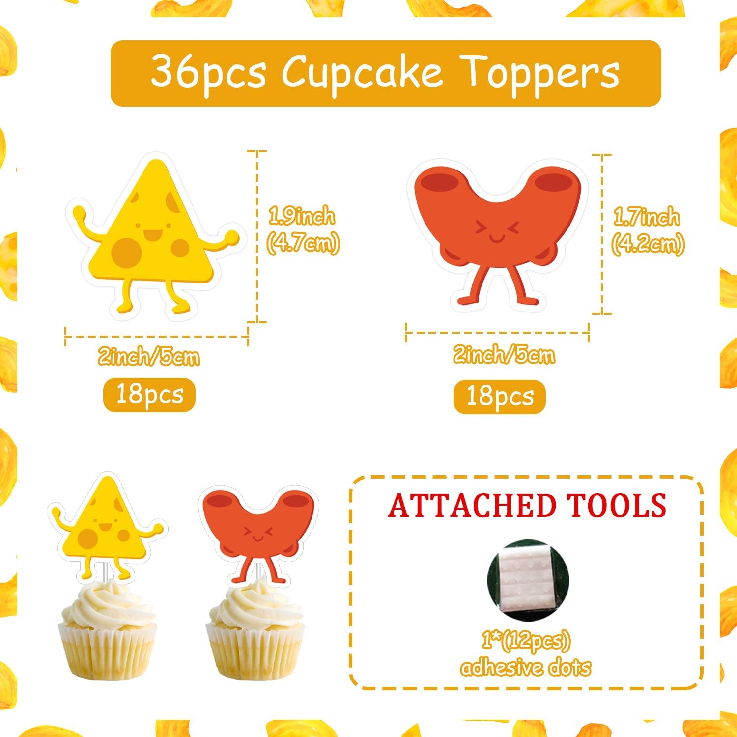 36Pcs Macaroni and Cheese Cupcake Toppers, Double Sided Printing Mac and Cheese Themed Party Decorations for First Birthday Baby Shower Sweet Cheese Theme Birthday Cookie Theme Birthday Supplies