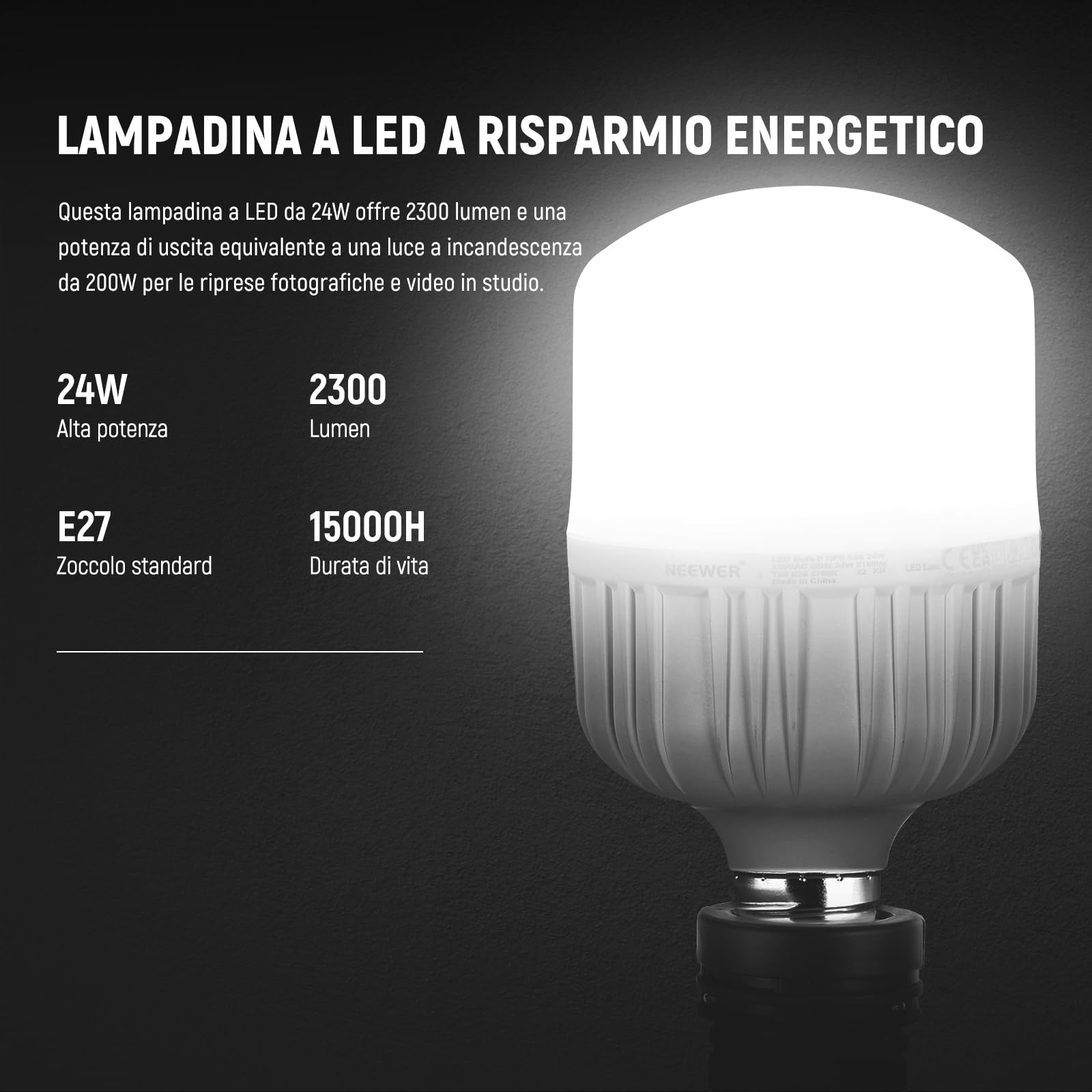 NEEWER Kit di Illuminazione Fotografica 600W,Equivalente a Incandescenza con 2 Ombrello Bianco,2 Ombrello Nero, 3 Lampadina LED da 24W,3 Stativo per Luce, 2Borsa, 5 Fascetta,3 Base per Presa E27,NK500