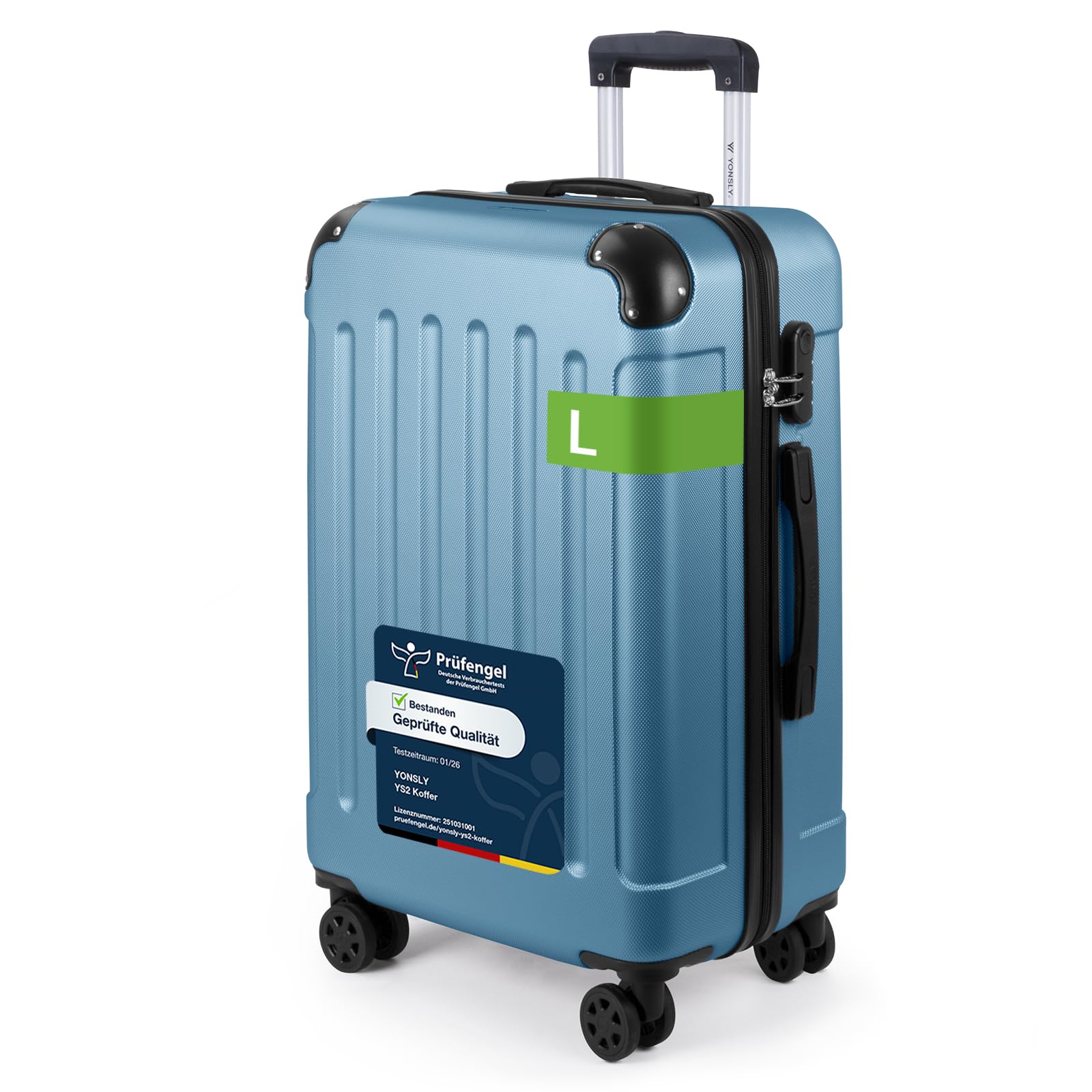 YONSLY Trolley Koffer, Reisekoffer Suitcase, Rollkoffer Handgepäck, Hartschalenreisekoffer, Teleskopkoffer mit 4 Rollen 360°, Zahlenschloss, Gummigriff für Tourismus, Reisen(L, Grau Blau)