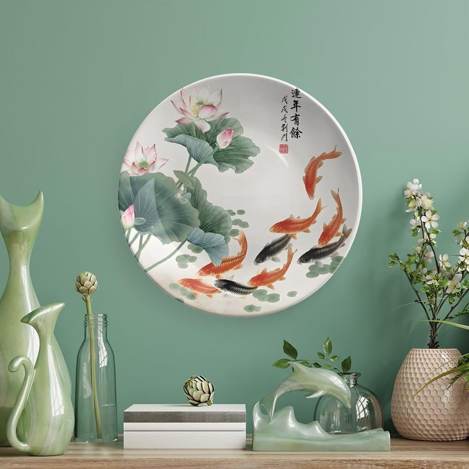 Fine Bone China Decorative Plate, Deep Green Round Wall Art with A Close-up Pink-Tipped White Lotus for Modern Room Decor Bone China Decorative Plate, 6inch Wall Art Home Decor